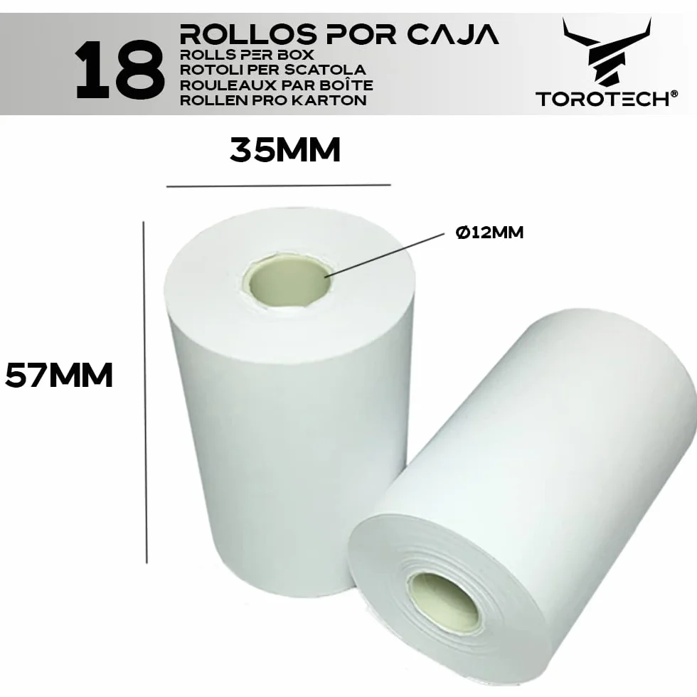 TOROTECH Rollos de Papel Térmico Blanco para Datáfonos 57x35x12mm - 18 Rollos -Ecológicos Sin BPA - Bobinas para Tickets Terminales Tarjetas Crédito Rodillos Impresora POS Alta Durabilidad (18)