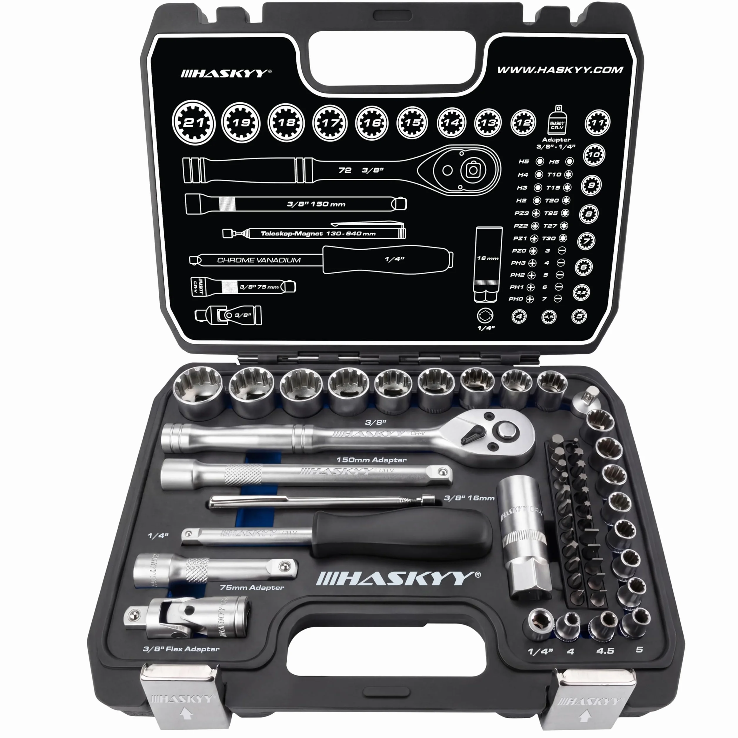 HASKYY Juego de 52 piezas de llaves de vaso Gear Lock TORX, con perfil XZN, perfil E, de diversas pulgadas, para tornillos de 6 y 12 caras, en tamaños métricos