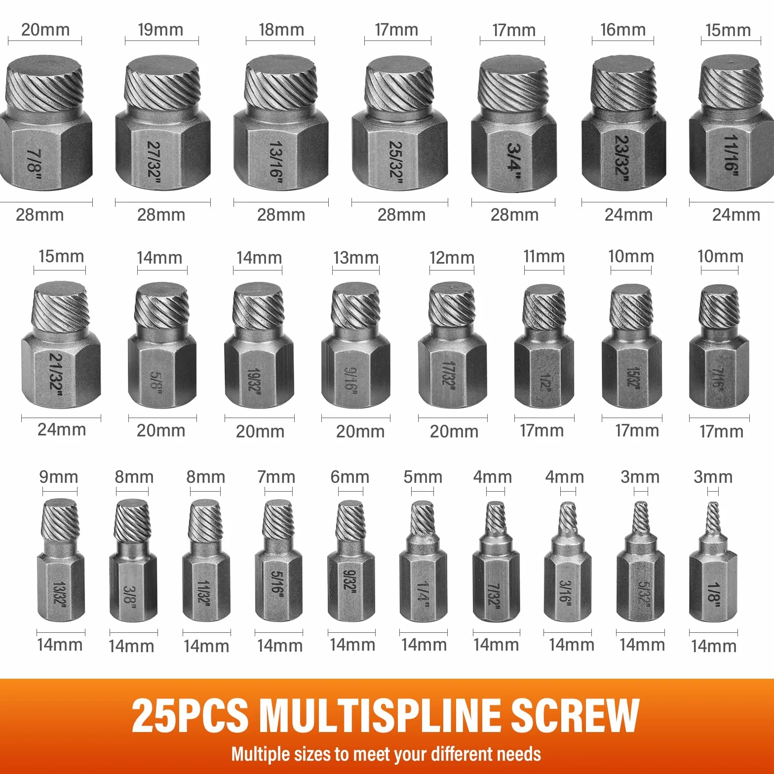 Juego de 25 Extractor de Tornillos, Profesionales Extractor de Tornillos Rotos, Extractores de Tornillos Izquierdos para Remover Pernos, Tornillos y Tornillos de Cabeza Hexagonal Rotos