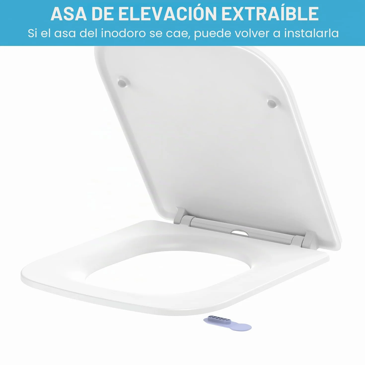 Asiento de WC Cuadrado Softclose Blanco(CORTO), Tapa de WC Duroplast Antirayaduras, Asiento Desmontable Quick Release, Fácil de Limpiar, Incluye plantilla de Instalación, 42,3 x 36,1 cm