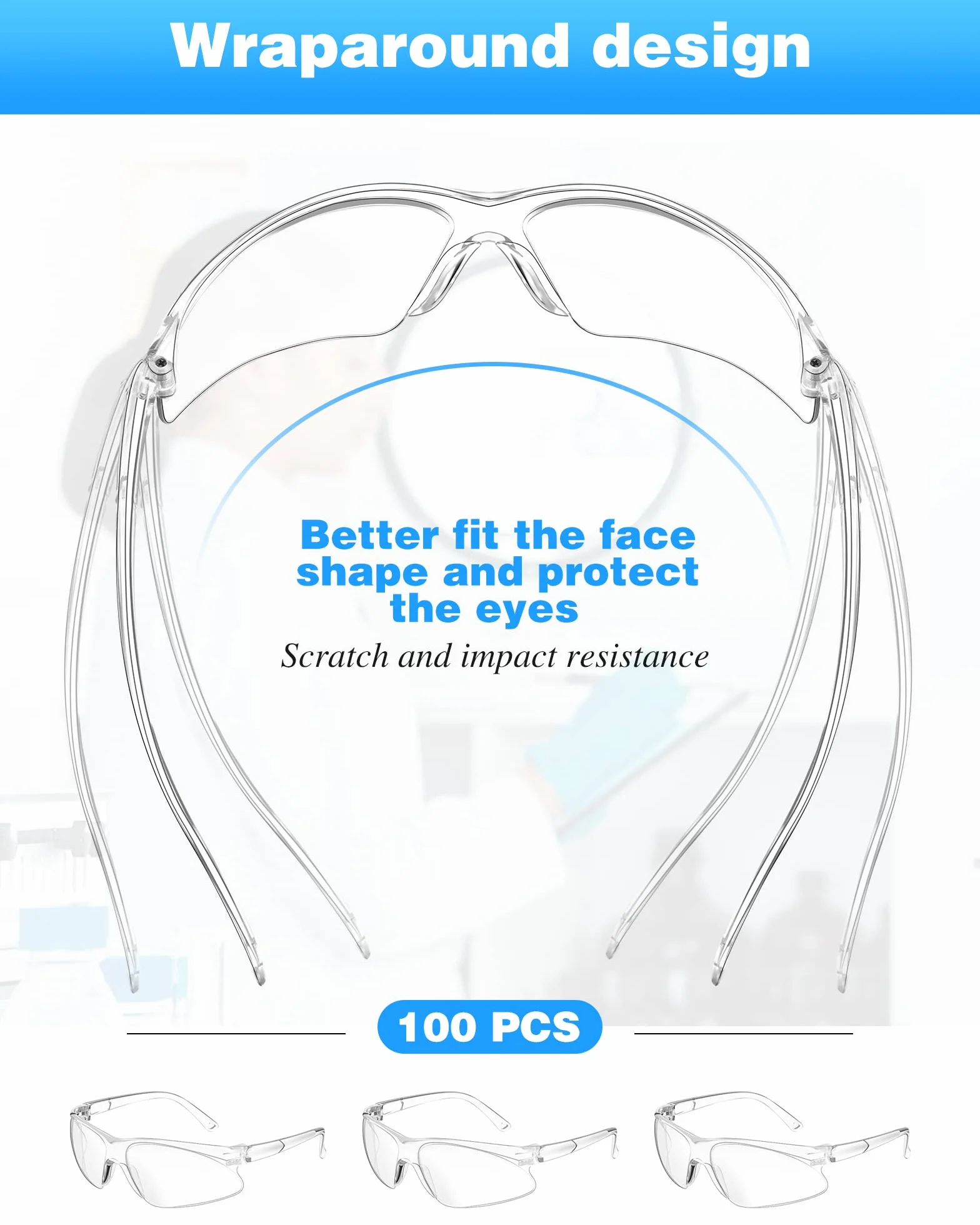 Xuhal 100 pares de gafas protectoras de seguridad, ANSI Z87.1, transparentes, de policarbonato, resistentes a los arañazos, envolventes, antivaho, para mujeres y hombres, ligeras, protección UV