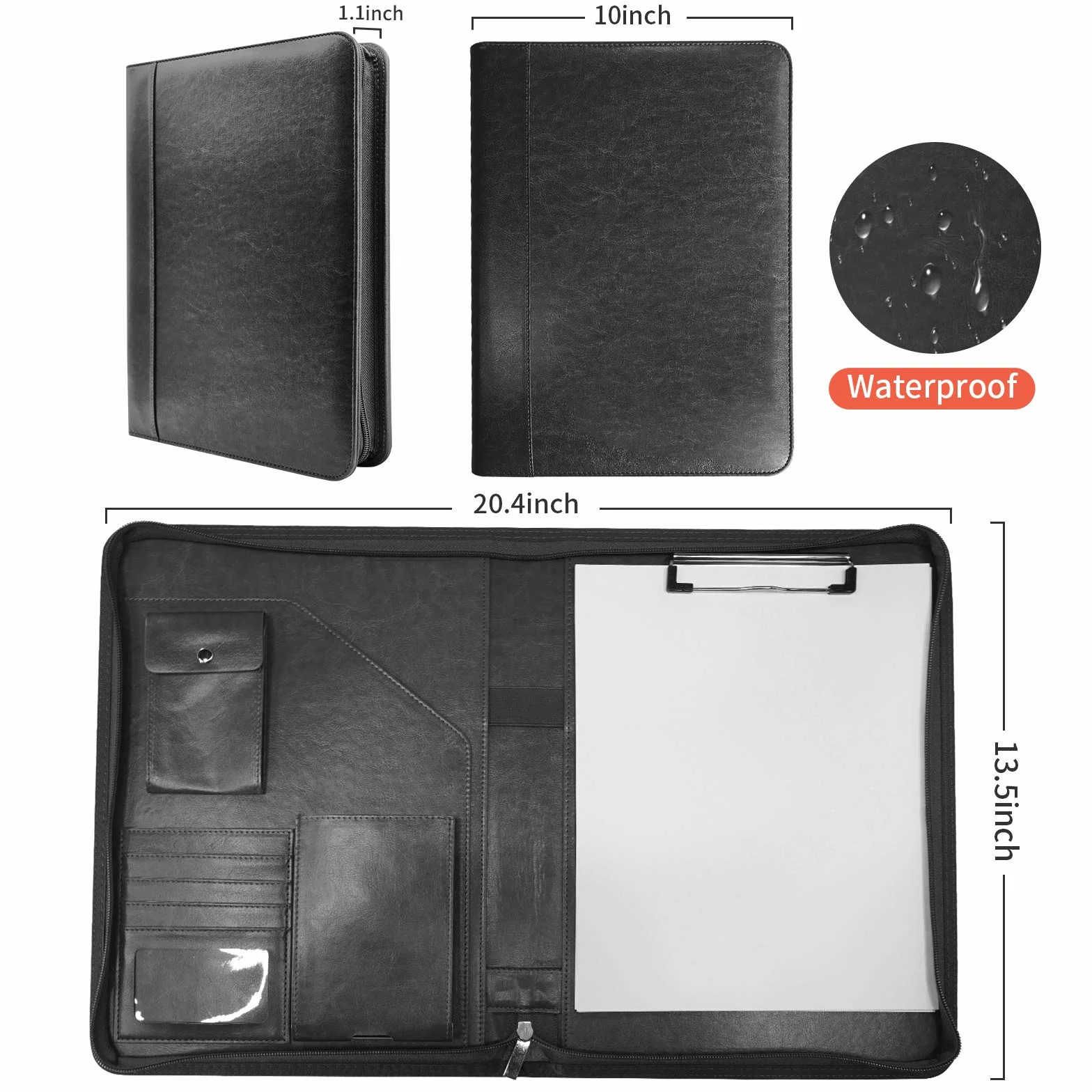 NEWYES Portadocumentos de Cuero A4 con Cremallera Carpeta Organizadora Agenda Oficina Viaje Negro