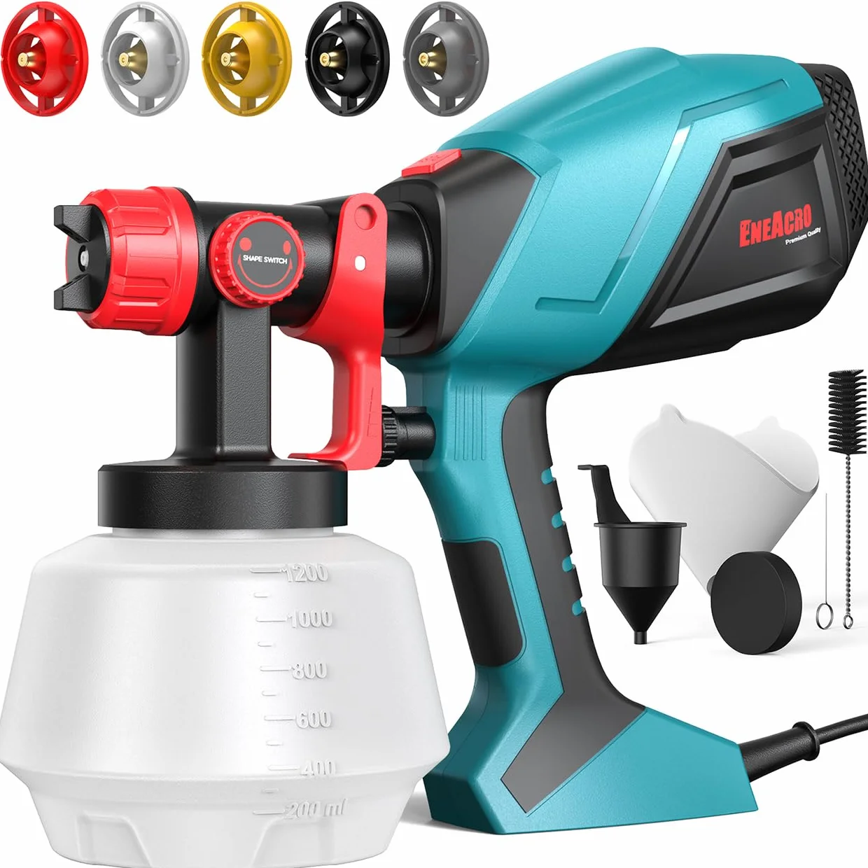ENEACRO HVLP Pistola de Pintura, 700W Pulverizador Eléctrico con Contenedor de 1200ml, Flujo y Ángulo de Rociado Ajustables, 5 Boquillas de Latón para Interiores y Exteriores