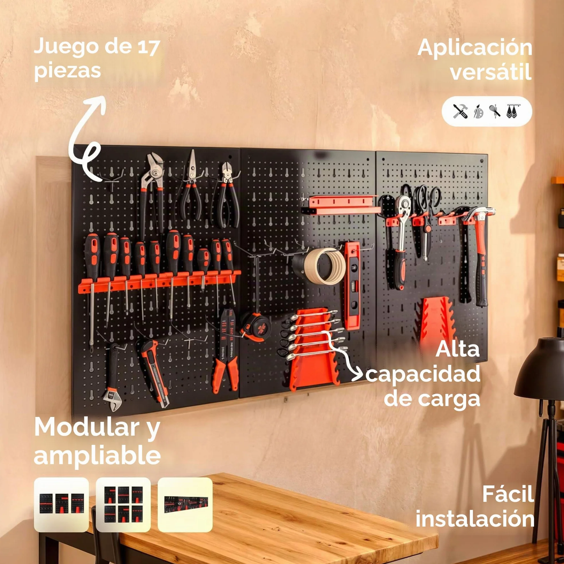 Arebos Panel Portaherramientas de 17 piezas | 117,6 x 59,5 x 2cm | Juego de ganchos y soportes | Pared de herramientas de metal perforado para equipamiento de taller incl. material de montaje | Rojo