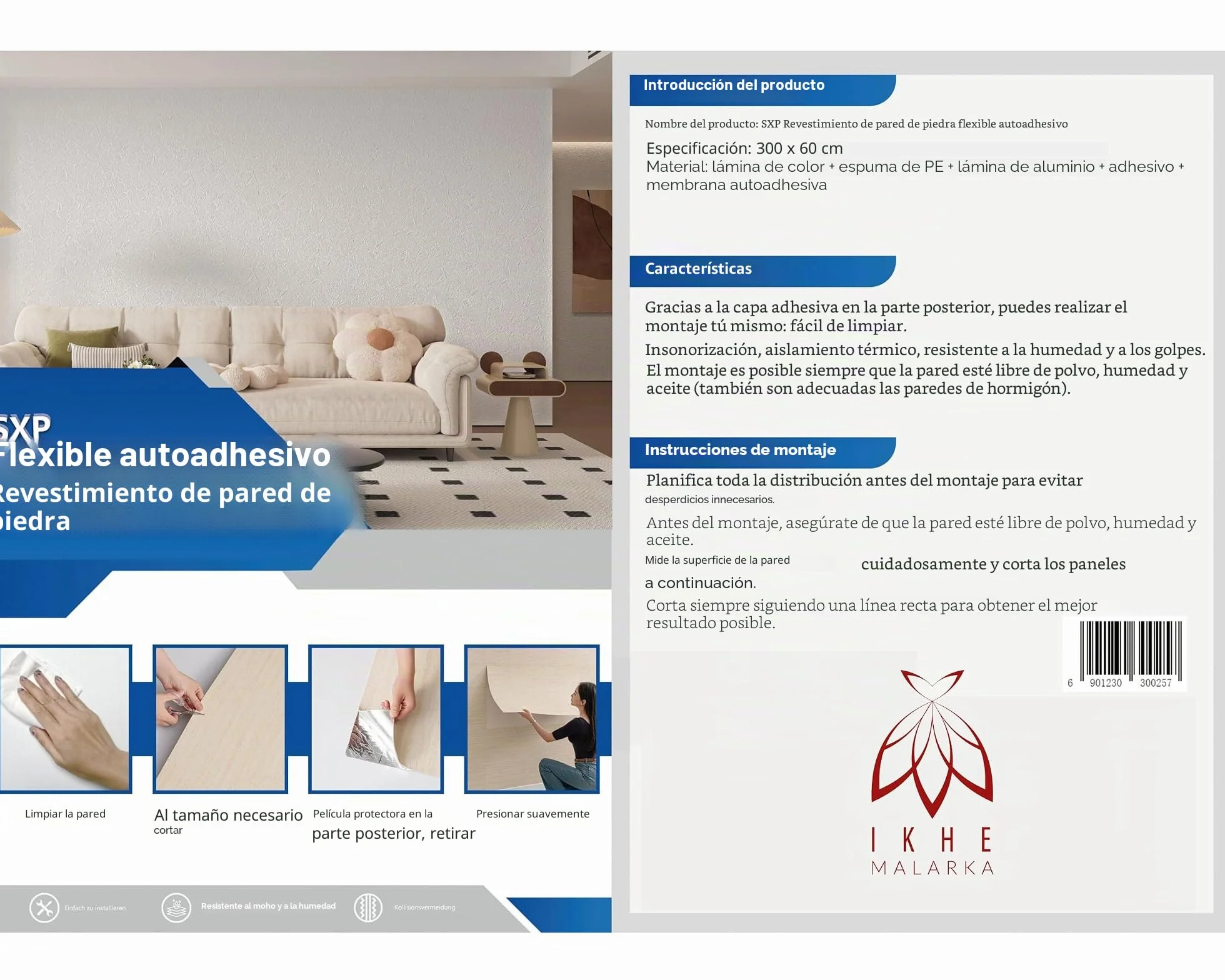 I K H E Malarka SXP - Rollo de revestimiento de pared autoadhesivo 3D de 1,8 m², 60 x 300 cm, panel de pared flexible en aspecto de hormigón y piedra, resistente al agua y aislamiento térmico, papel