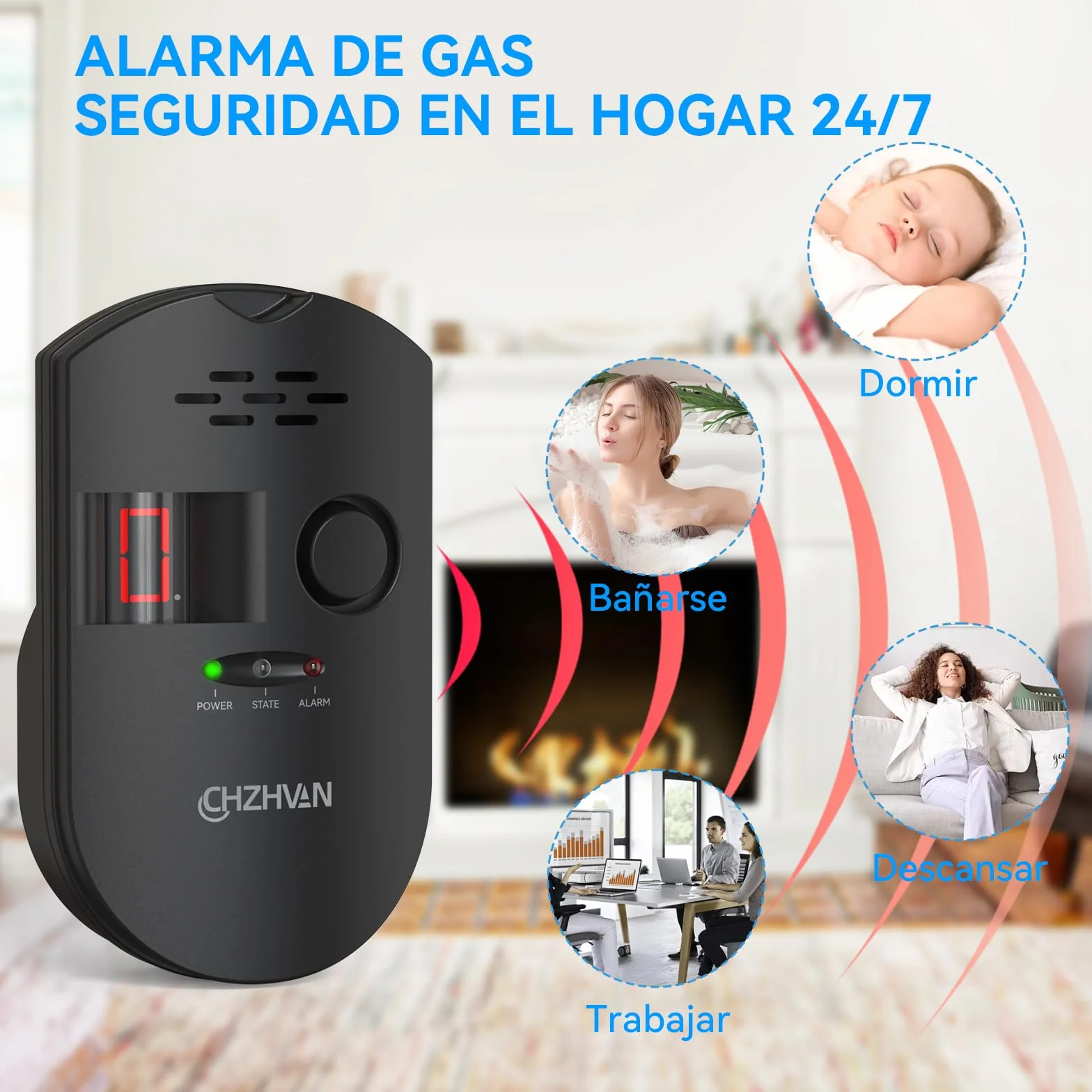 Sensor Enchufable para Detector de Gas/Gas Natural/GLP Carbono con Alarma Sonora, Pantalla Digital LED, y Monitoreo para Metano, Propano, Butano Gases Combustibles
