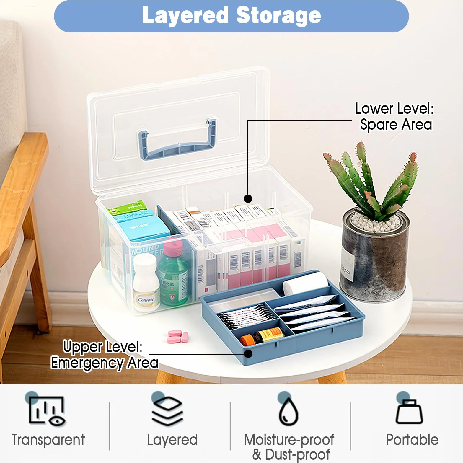 Organizador de Medicamentos Plástico 2 Capas con Asa 29.5 x 16 x 14.5 cm Transparente