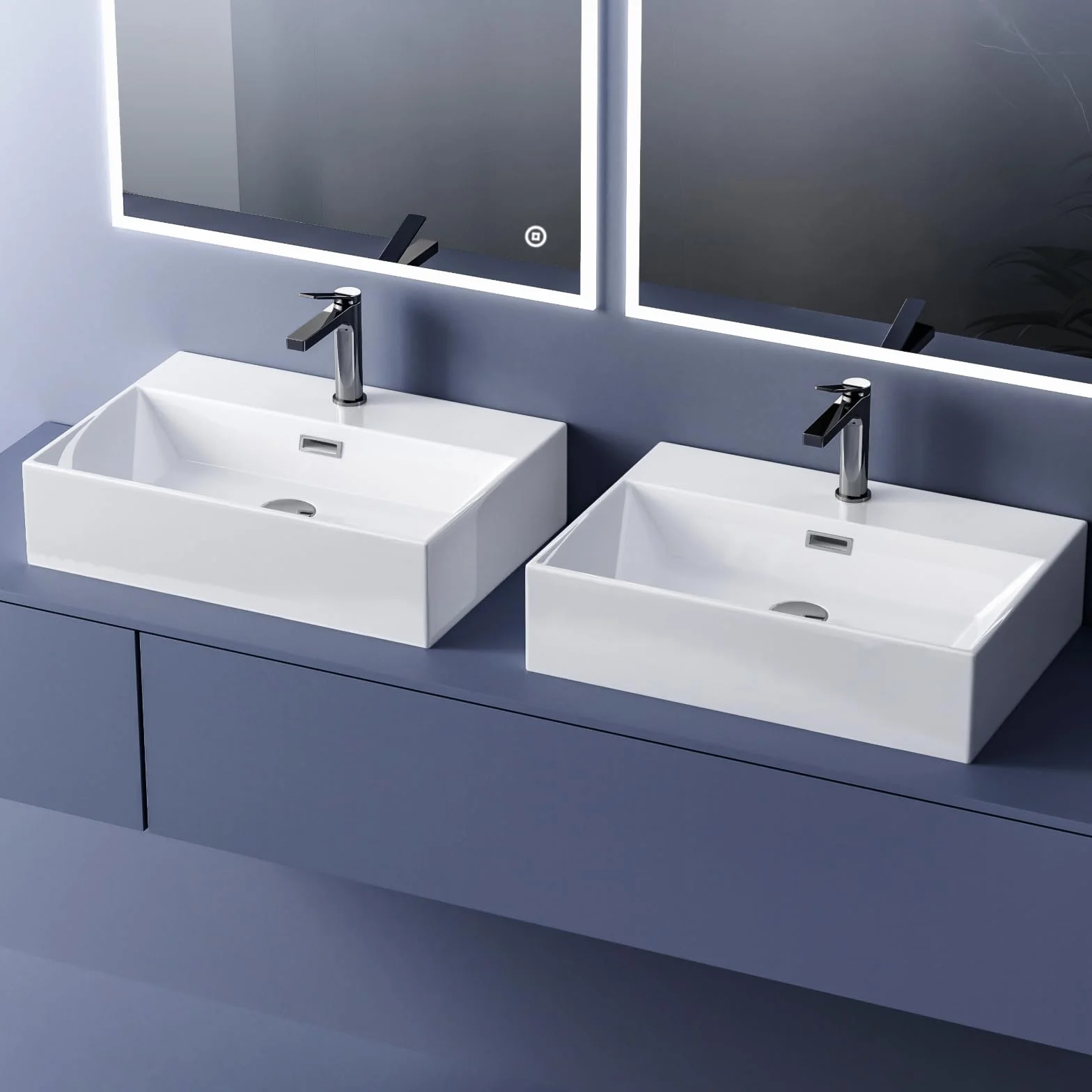 EMKE Lavabo de diseño moderno, lavabo colgante de cerámica de alta calidad con borde fino, lavabo para cuarto de baño y WC invitados, 415 x 360 x 130 mm, blanco, lavabo cuadrado, lavabo en plano