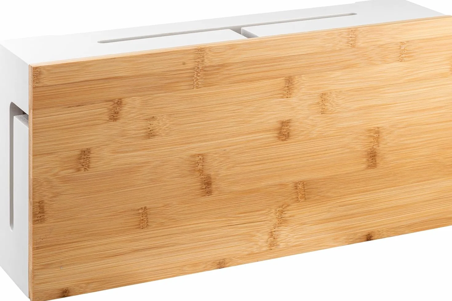 Caja de gestión de Cables de bambú 41×20×11 cm – Tapa magnética – Organizador de Cables con Kit para Montaje en Pared – Caja ocultacables para Escritorio y Zona TV (Blanco L)