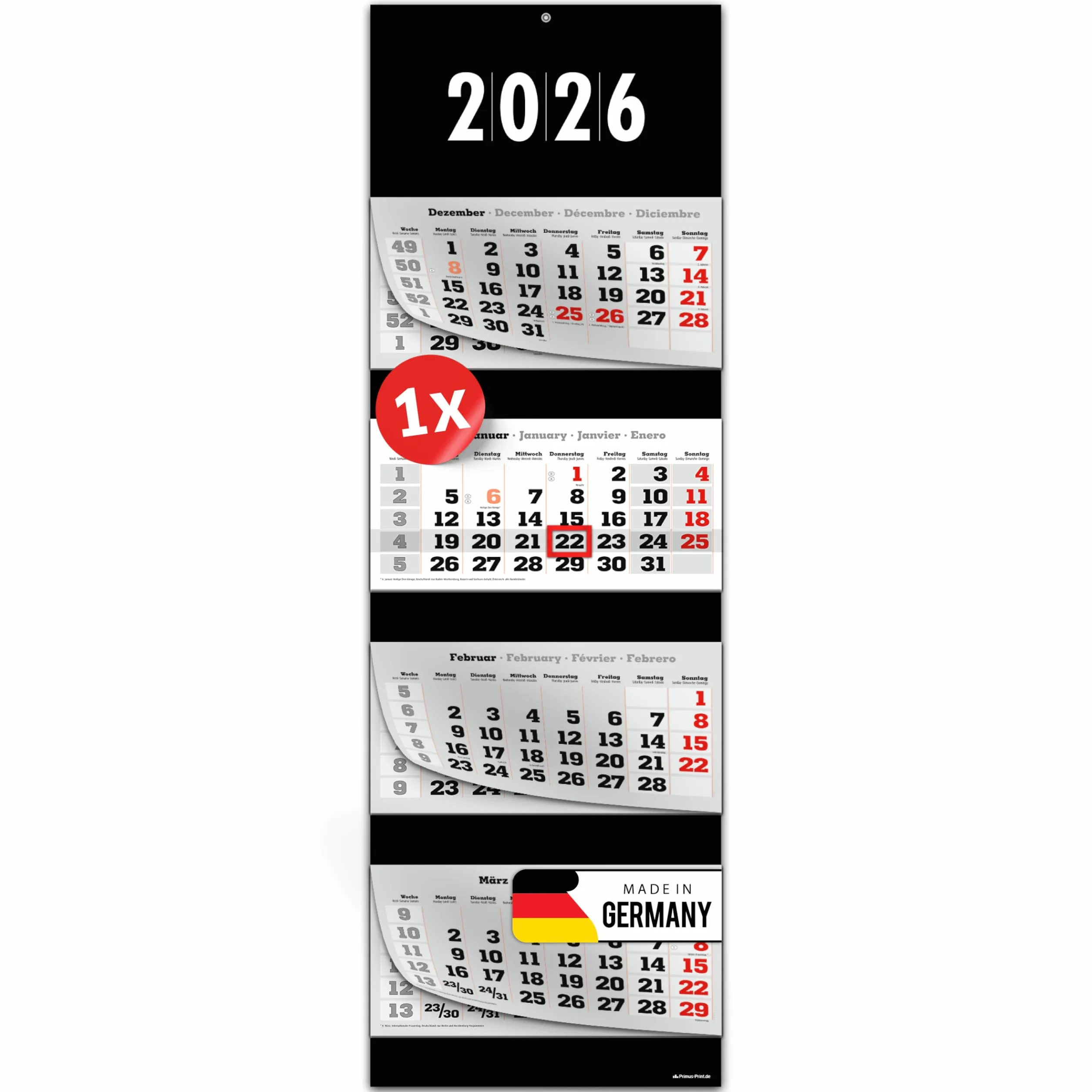 PRIMUS PRINT Calendario XXL 2026 – Calendario de pared de 4 meses – con fecha deslizante, varios diseños – negro