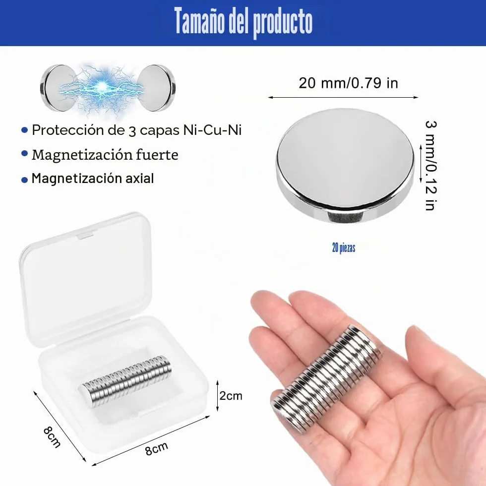 Imanes de Neodimio 20 Piezas 20 x 3 mm Redondos Pequeños Fuertes para Oficina Hogar