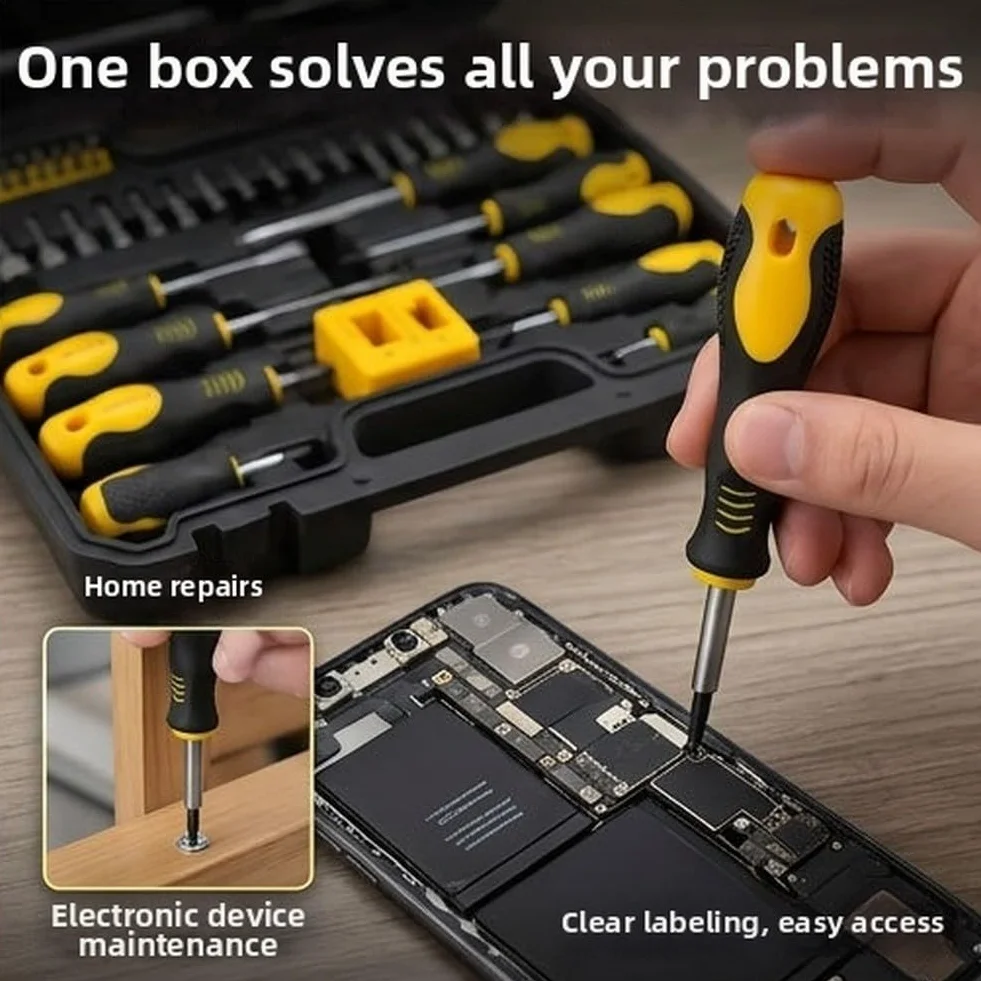Juego de destornilladores magnéticos profesionales de 86 piezas con mango ergonómico antideslizante y puntas de aleación almacenadas en estuche amarillo portátil