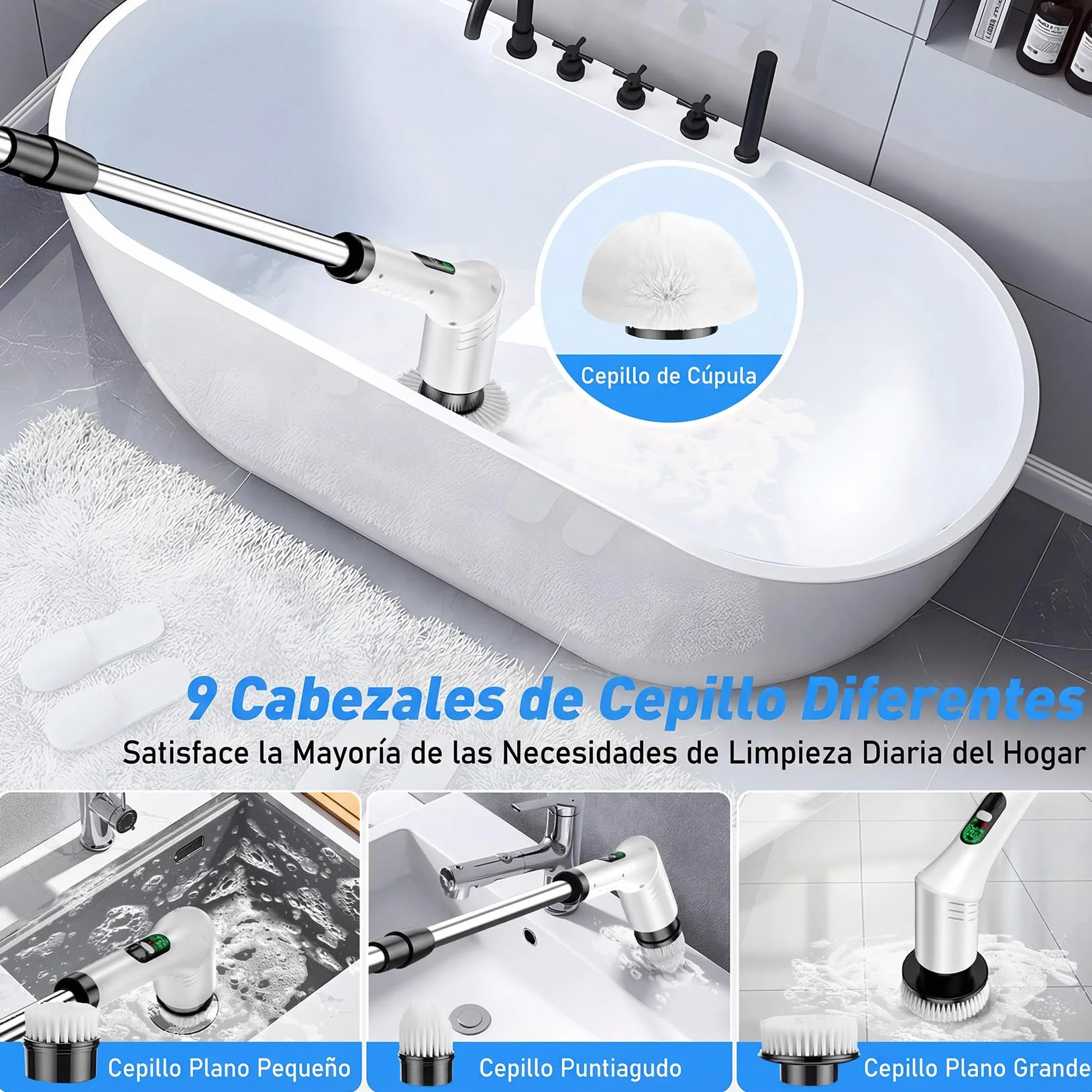 Cepillo Electrico Limpieza Hogar, Cepillo Limpieza Electrico con 9 Cabezales Reemplazables Mango Telescópico Ajustable para Hogar, Baño, Suelos, Cocina, Azulejos