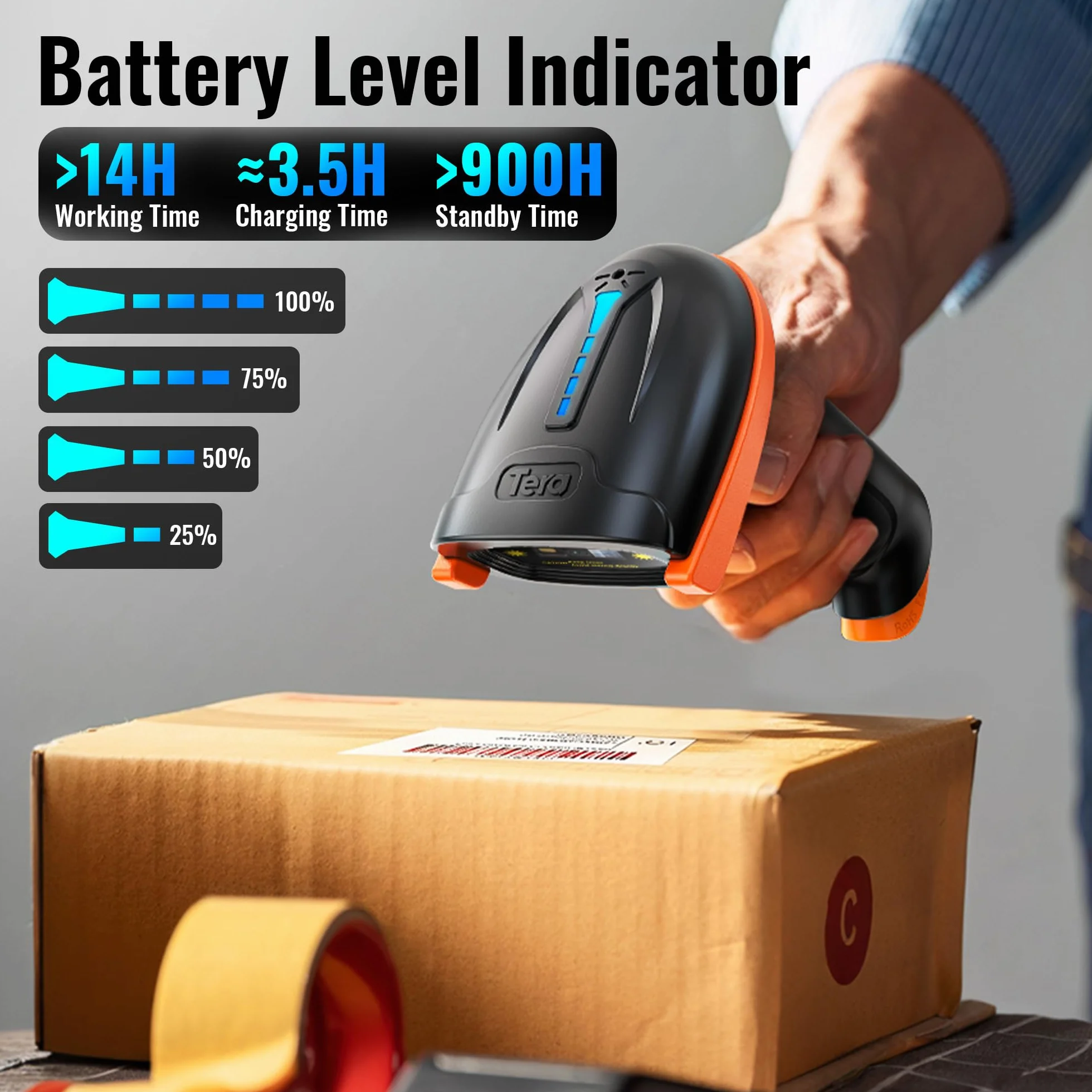 Tera Lector de Código de Barras Portátil Inalámbrico 1D Láser Inalámbrico y con Cable USB Indicador de Nivel de Batería Extra Grande de 2000mAh, Modelo 5100, Naranja/Negro