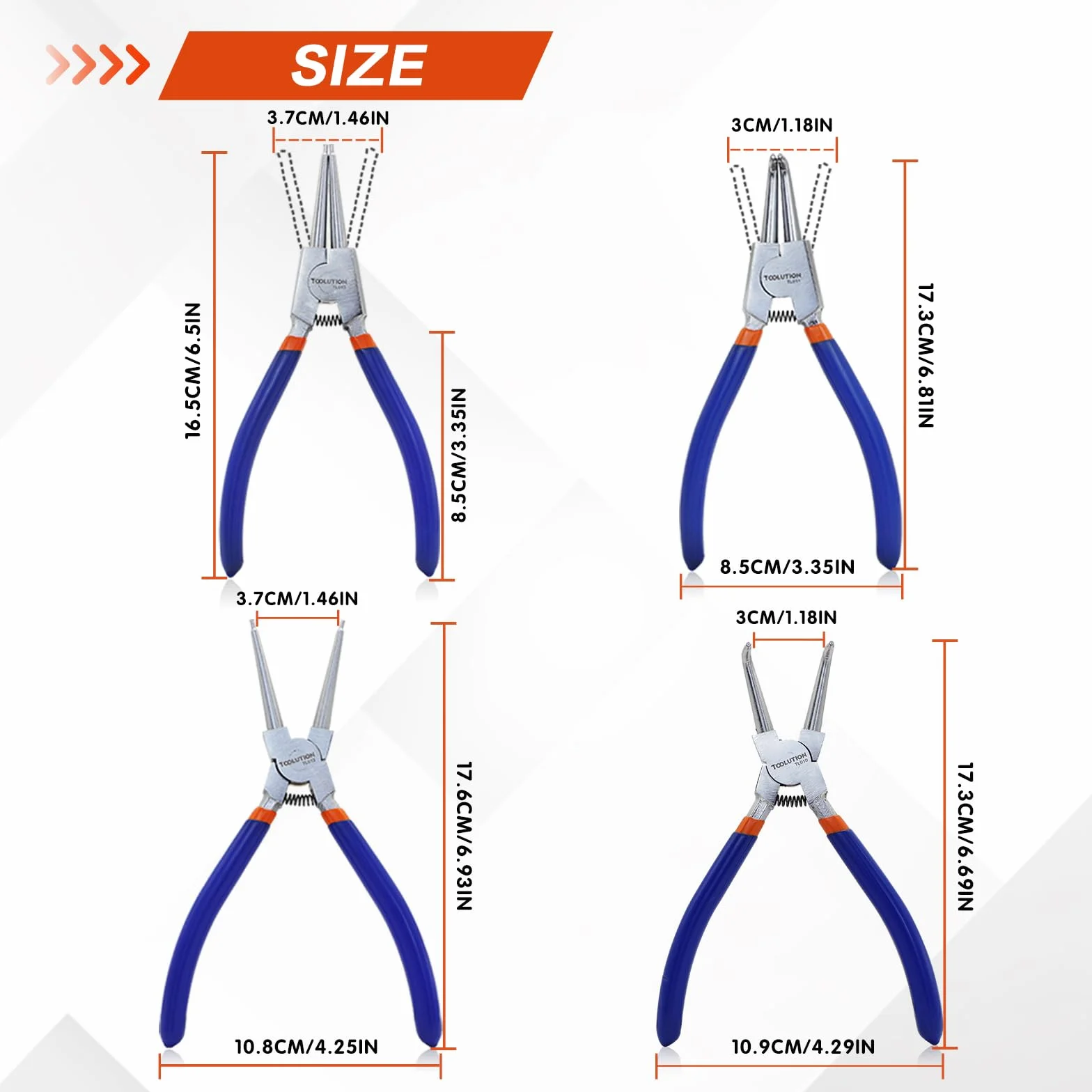 Juego de 4 Alicates Circlip 7″ – Alicates Anillos Interno/Externo Rectos y Curvados, Acero 45, Acabado Electrocromado