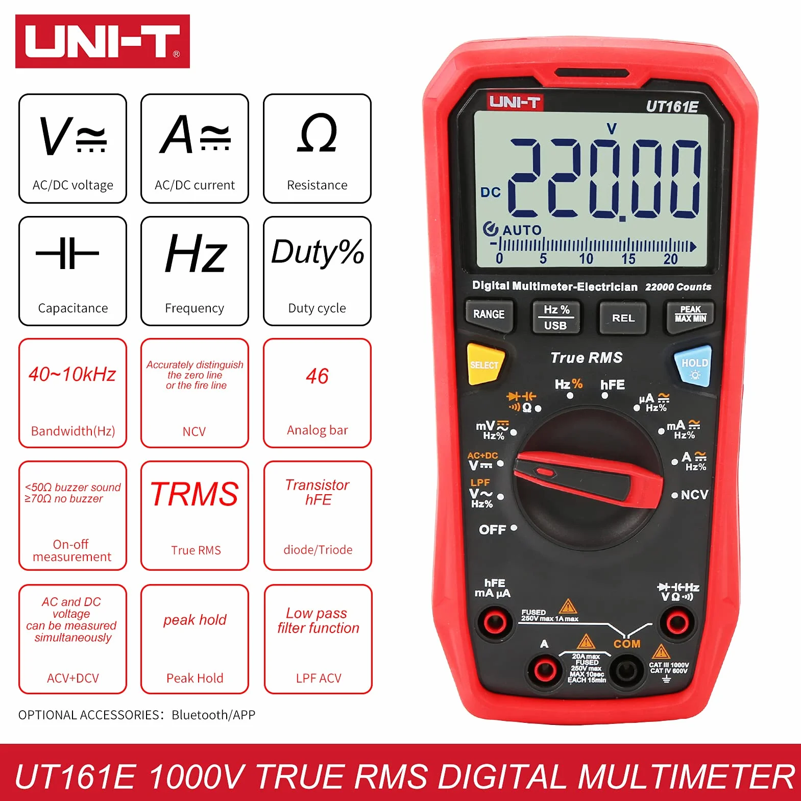 UNI-T UT161E True RMS Multímetro Digital, 1000 V AC/DC, 20A, 220MHz