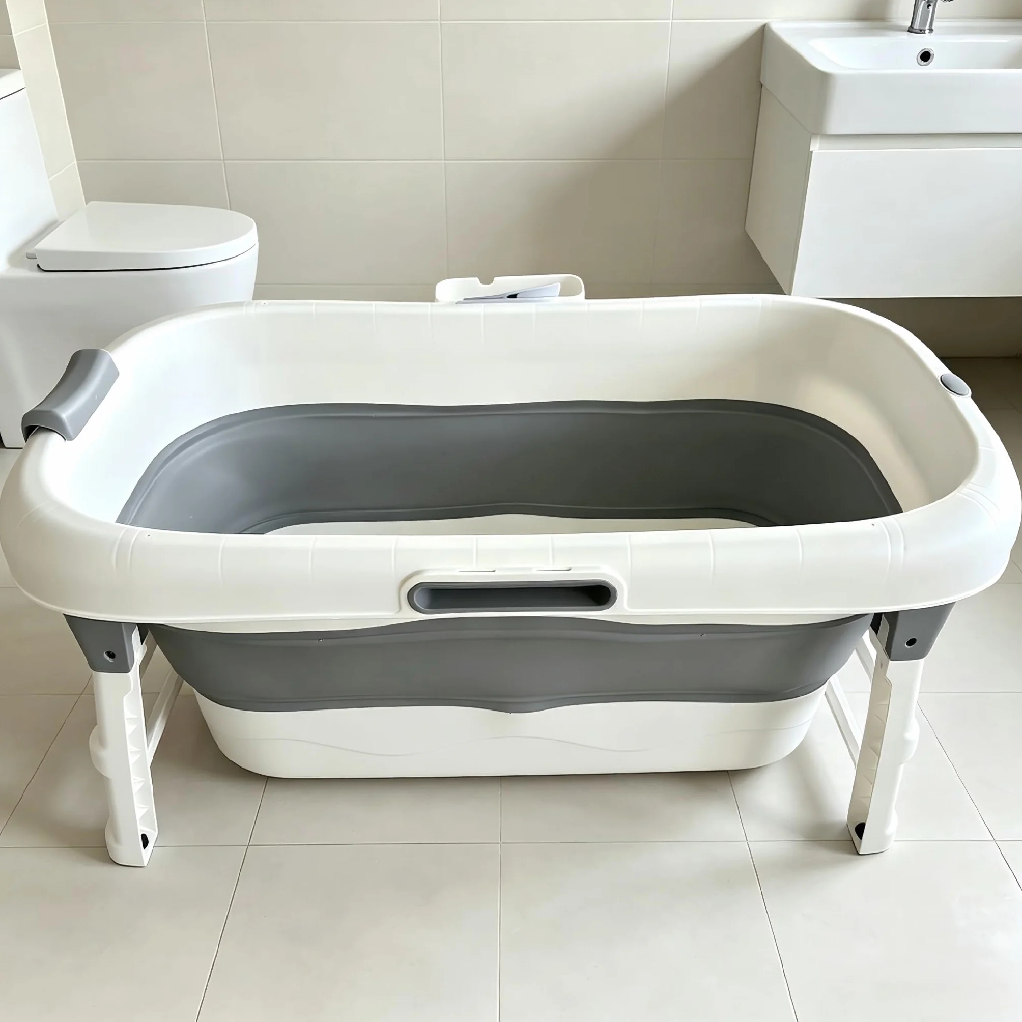 Bañera plegable portátil de tamaño adulto con almacenamiento plegable con rodillos de masaje y bandeja de almacenamiento, bañera grande y reforzada, color gris, 117 cm
