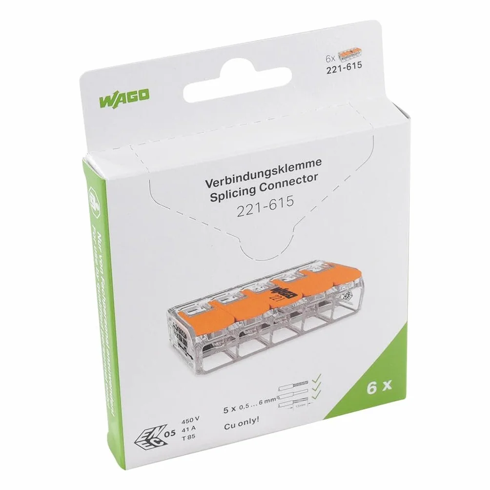 WAGO Terminales de conexión 221-615 | 5 polos, hasta 6 mm², conector de cable compacto con palanca para todos los tipos de conductores en todo el mundo, seguridad de aplicación confirmada, 6 unidades