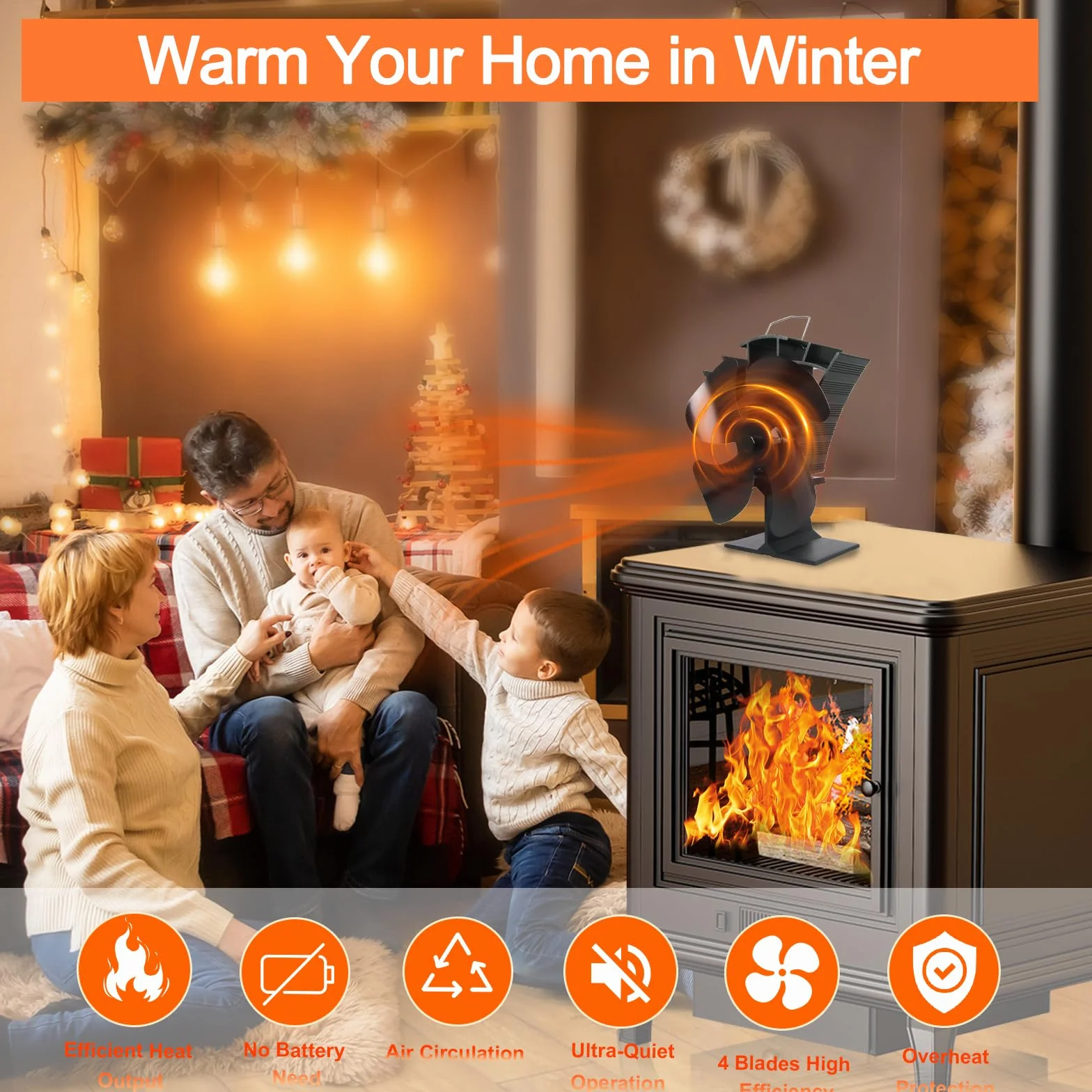 Tomersun Ventilador de quemador de leña pequeño de 4 aspas, ventilador de estufa de leña, ventilador de chimenea alimentado por calor, ventiladores ecológicos, circulación amigable para leña/quemador
