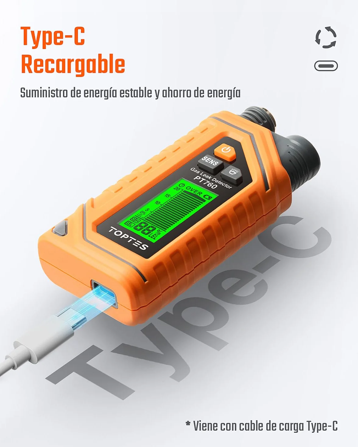 TopTes PT760 Detector de Gas Natural Recargable, Detector de Fugas con Sonda Extensible de 30cm, Sensor%LEL para Propano, Metano, Butano y Gases Combustibles en el Hogar o RV con Linterna - Naranja