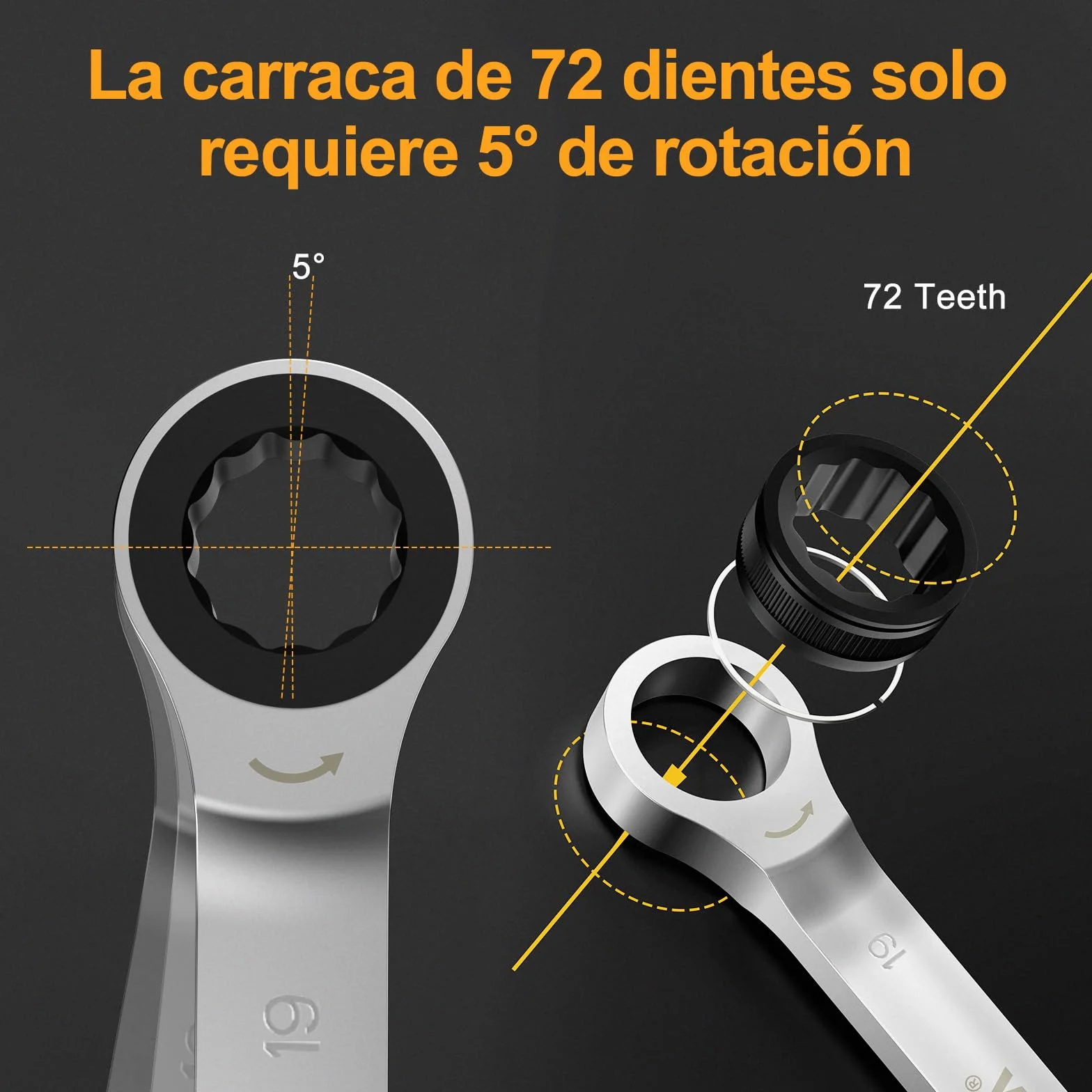HYCHIKA Llaves Fijas 9Pcs, Llaves Fijas con Carraca 6-19mm con Bolsa de Almacenamiento, Juego de llaves, llaves Combinadas, Engranaje de Trinquete de 72 Dientes