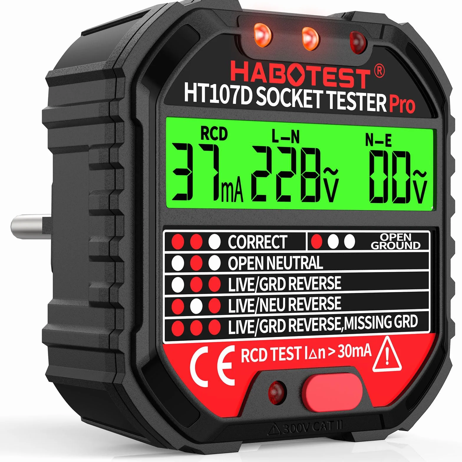Comprobador de Enchufe, Probador Eléctrico de RCD Enchufe con Pantalla LCD, 6 Tipos de Diagnóstico de Averías, Examinar Circuito, Indicación de Tensión y Frecuencia, 90-250V