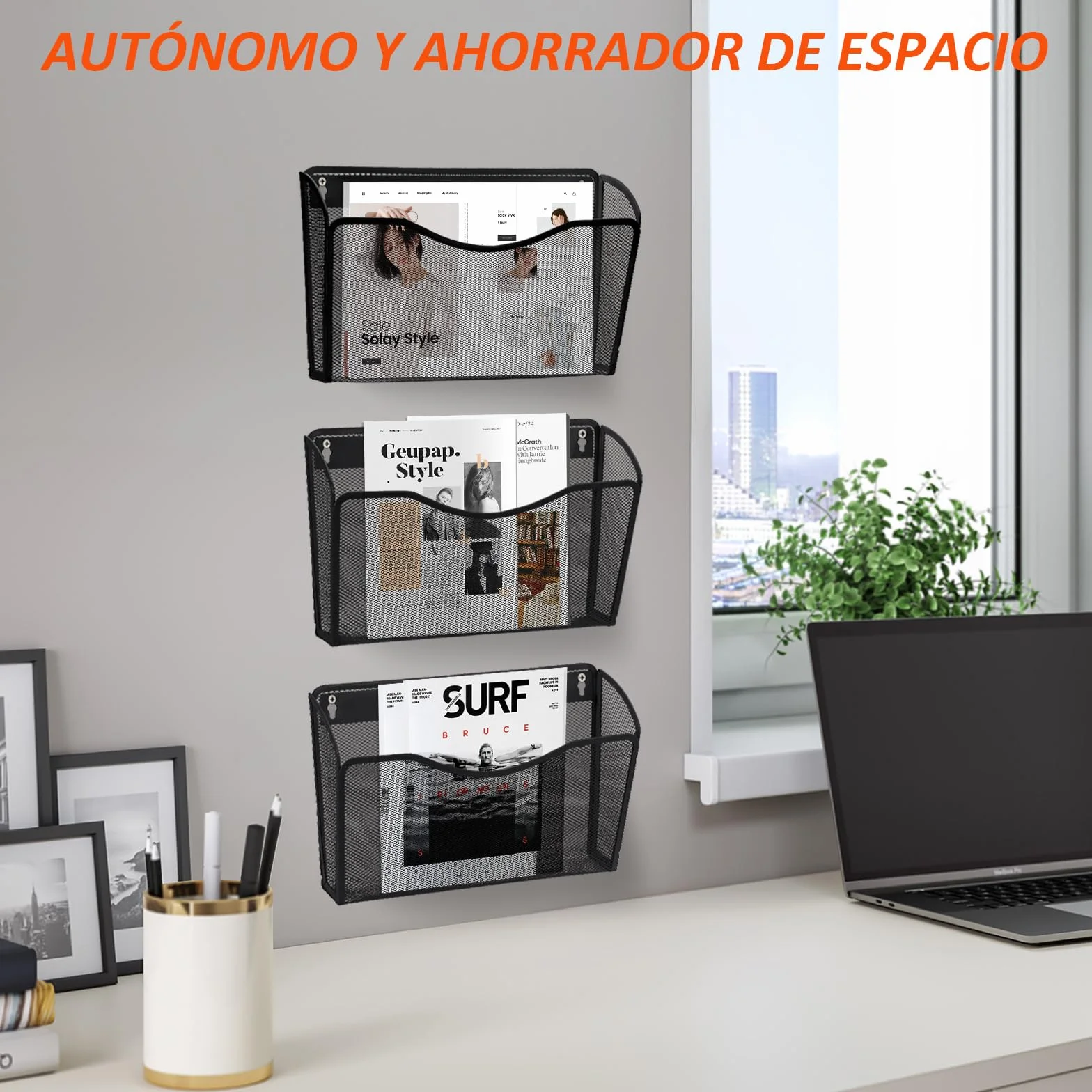AGPTEK Archivador Montable en Pared Paquete de 3, Archivador Organizador Malla Metálica Negro