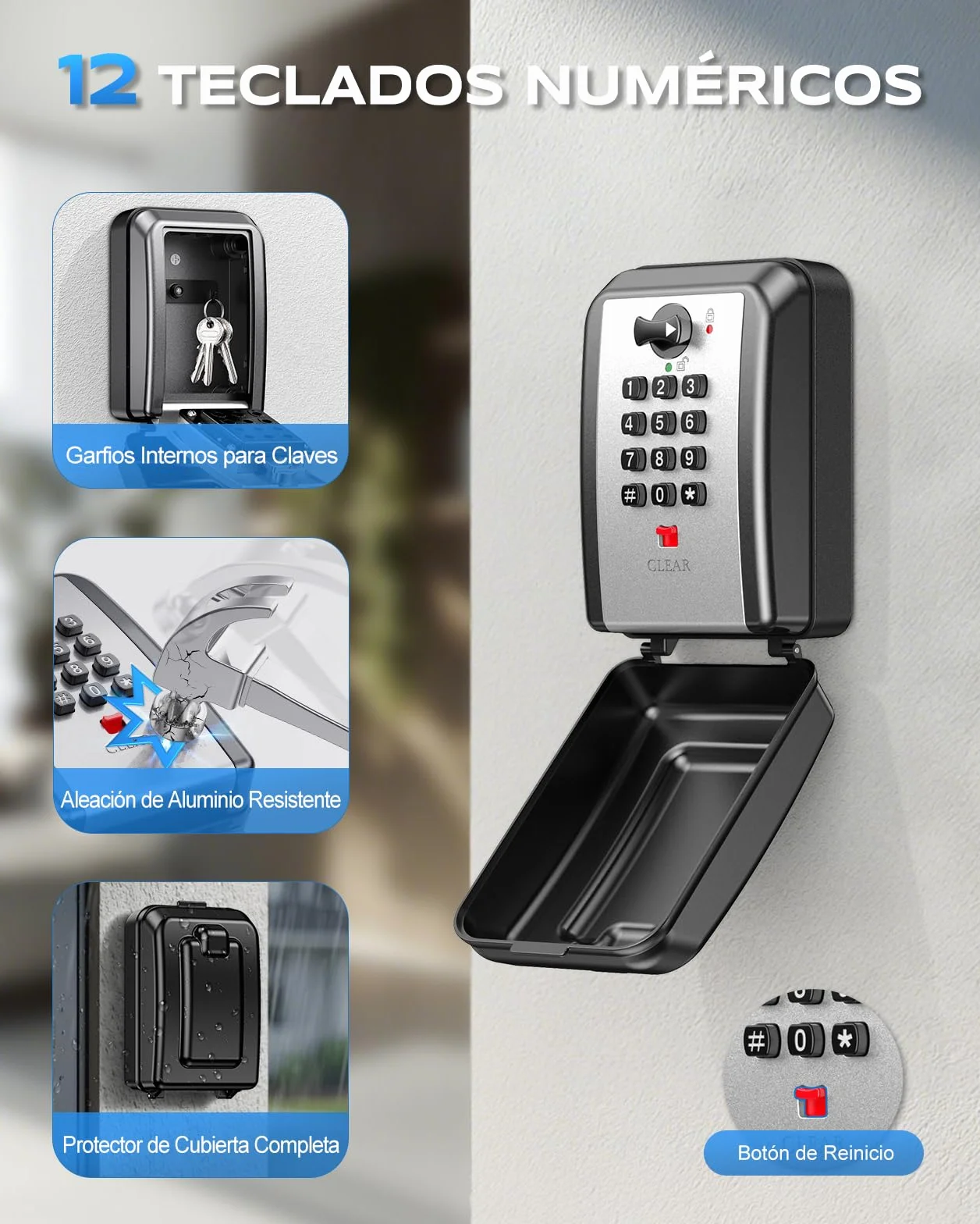 Mohard Caja de Seguridad para Llaves, Combinación 12 Dígitos, Impermeable, Gran Capacidad, Caja Fuerte Exterior