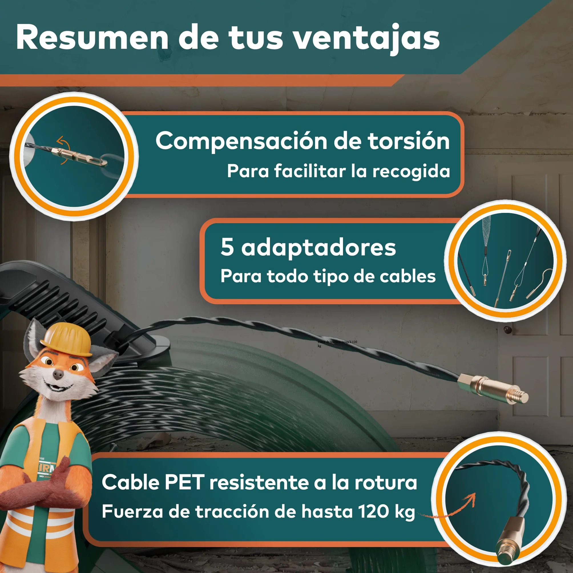 La sofisticada guia pasacables 30 M para tubos huecos de FAIRMO - Guia pasacables profesional PET de 4 mm incl. 5 cabezales - Guía pasacables resistente - Para trabajar eficazmente