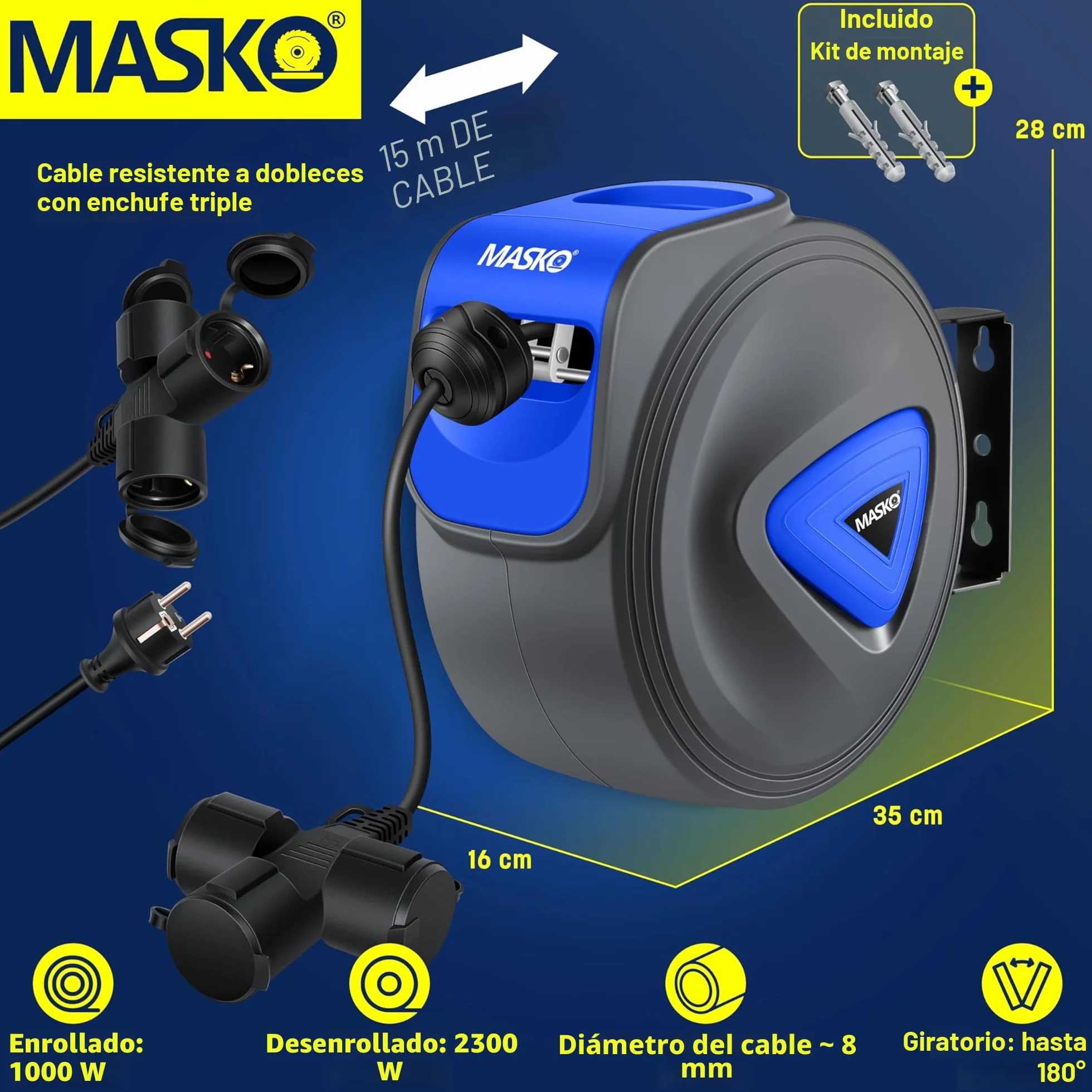 MASKO® Cable alargador automático de 20 m con conexión de 3 vías, giratorio 180°, cable de alimentación de 1,5 m, soporte de pared, enrollador de cables, enrollador de cables, incluye guantes