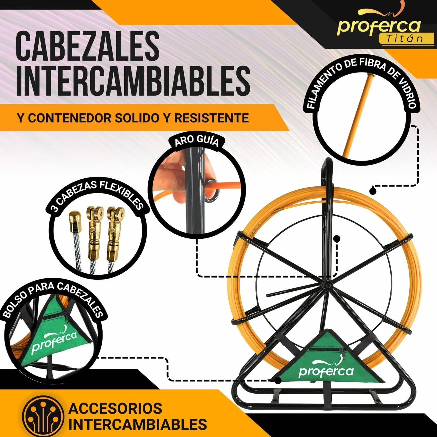 Guia Pasacables Profesional 6mm y 50 metros de Fibra de Vidrio Reforzada | Guia con Contenedor y Accesorios intercambiables| Especial Jardines | Malla Tiracables