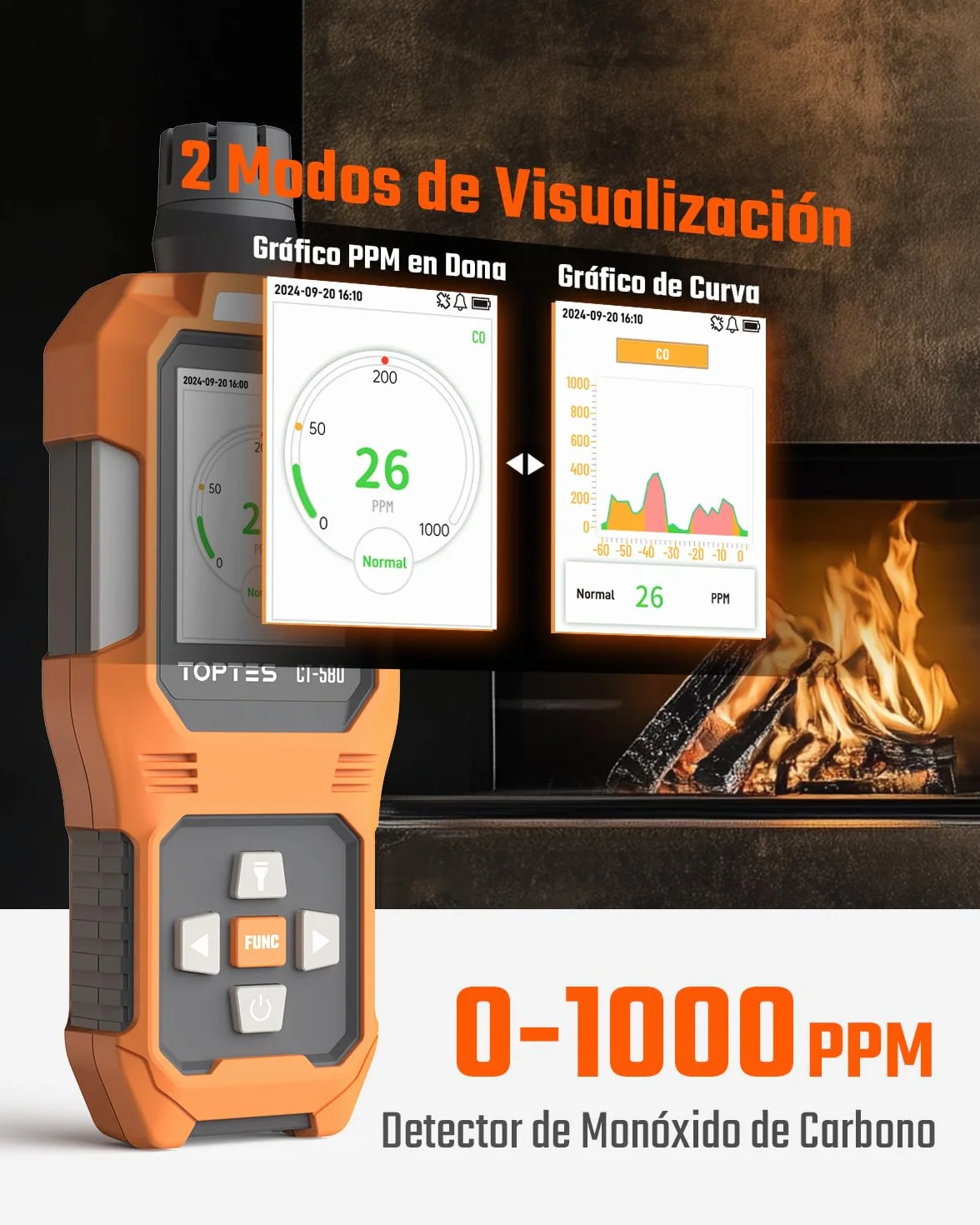 TOPTES CT-580 Detector de monóxido de Carbono, Detector de CO Recargable con alarmas por vibración, visuales y audibles, Alarma CO portátil, 0-1000PPM para el hogar, Coche, Camping y Viajes