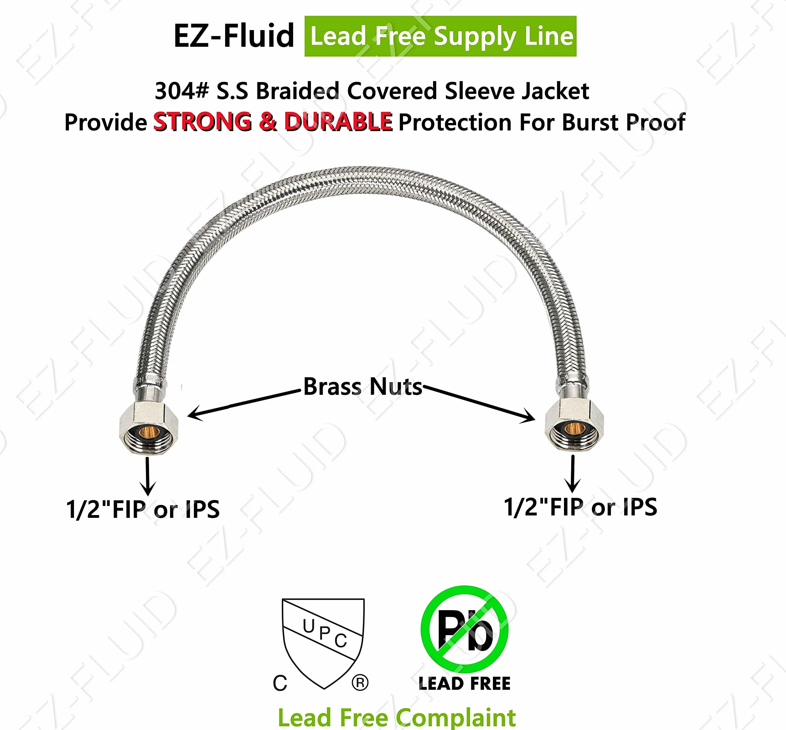 EZ-Fluid Línea de conector de grifo trenzado de acero inoxidable de 30 pulgadas, líneas de conector de manguera de suministro de agua para baño, fregadero de cocina, grifo de 1/2 pulgada FIP x 1/2