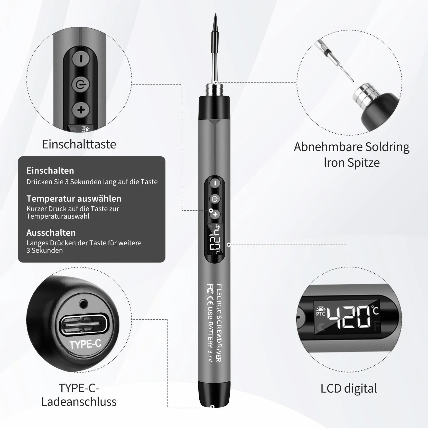 Daakro - Kit de soldador inalámbrico USB con temperatura ajustable, 3 fallas de soldadura, alambre de soldadura, pasta de soldadura, kit de soldadura para trabajos eléctricos (gris)
