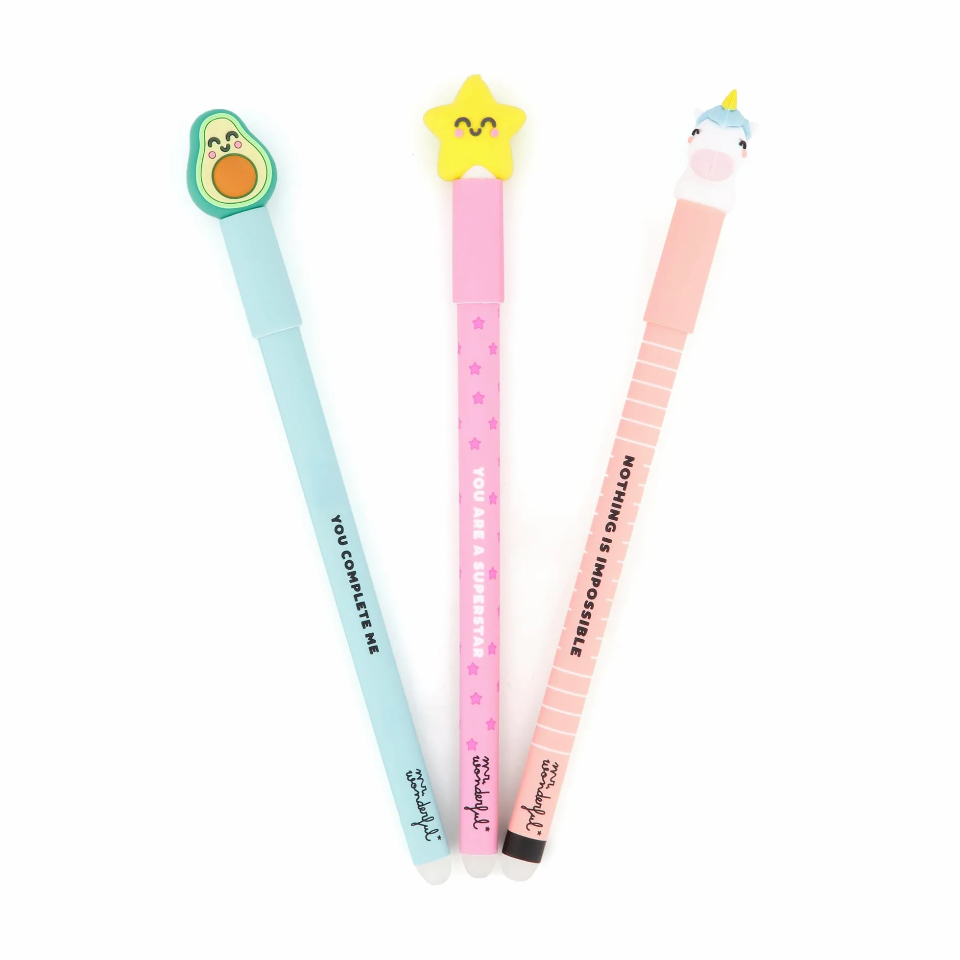 Mr. Wonderful Set de 3 Bolis borrables Bo-Bo Estrella, Aguacate, Unicornio