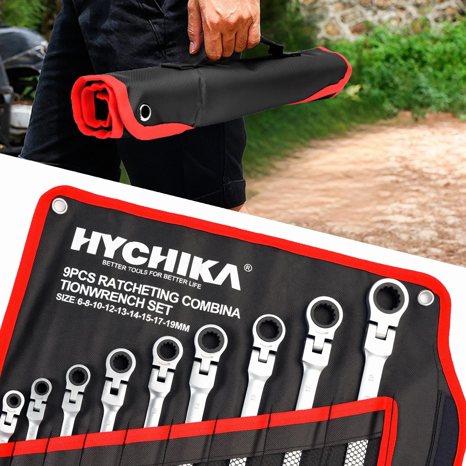 HYCHIKA Llaves Fijas Con Carraca 6-19mm, 9pcs Llave De Carraca Con Bolsa Enrollable, Llaves Combinadas Juego De Llaves, Adecuado Para ReparacióN De AutomóViles, Mantenimiento Industrial