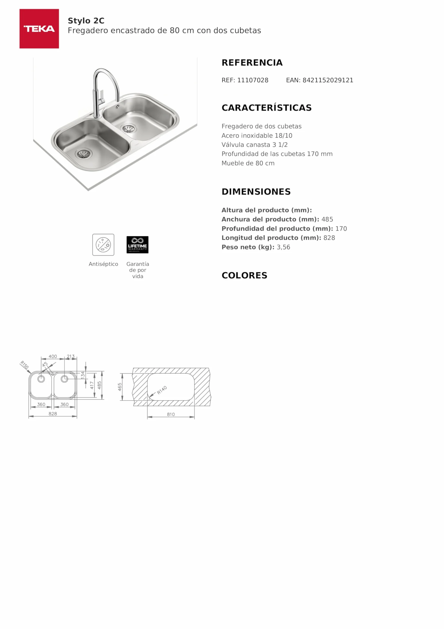 TEKA Fregadero Encastrado 2 Cubetas en Acero Inoxidable - Profundidad 170 mm - Válvula Canasta 3 1/2 - Mueble de 80 cm - Stylo 2C