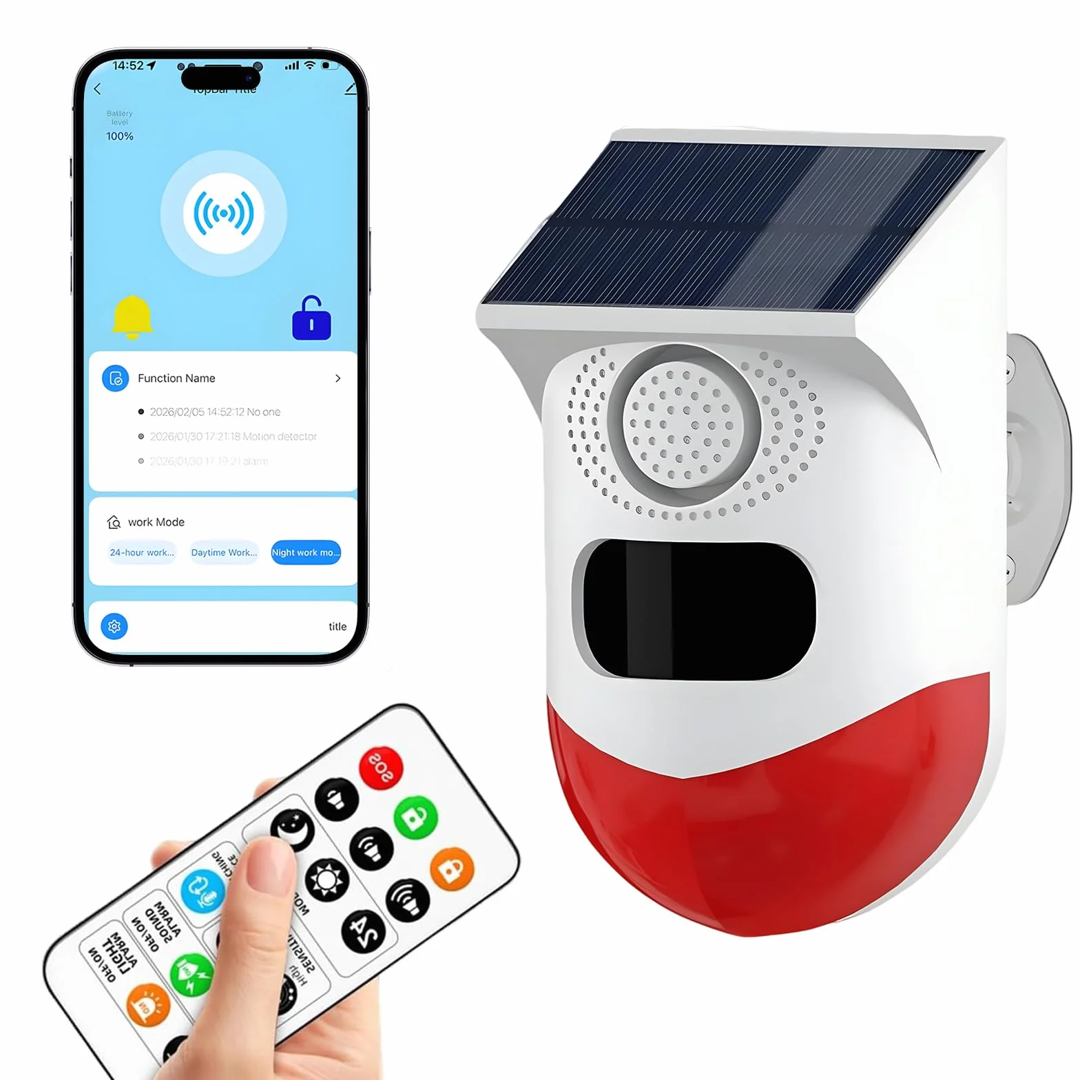 WiFi Sensor de Movimiento, Sensor Solar Adecuado para Interiores y Exteriores, Volumen de 0~120dB, Control Remoto, Programación Temporal, con Mando a Distancia, 3 Modos Ángulo Detección 110º