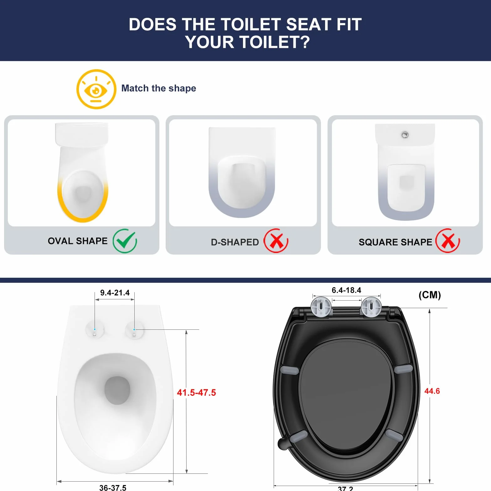 YEAUPE PRO Asiento de Inodoro Universal Forma O Cierre Suave Liberación Rápida Negro 44,6x37,2x4,3cm