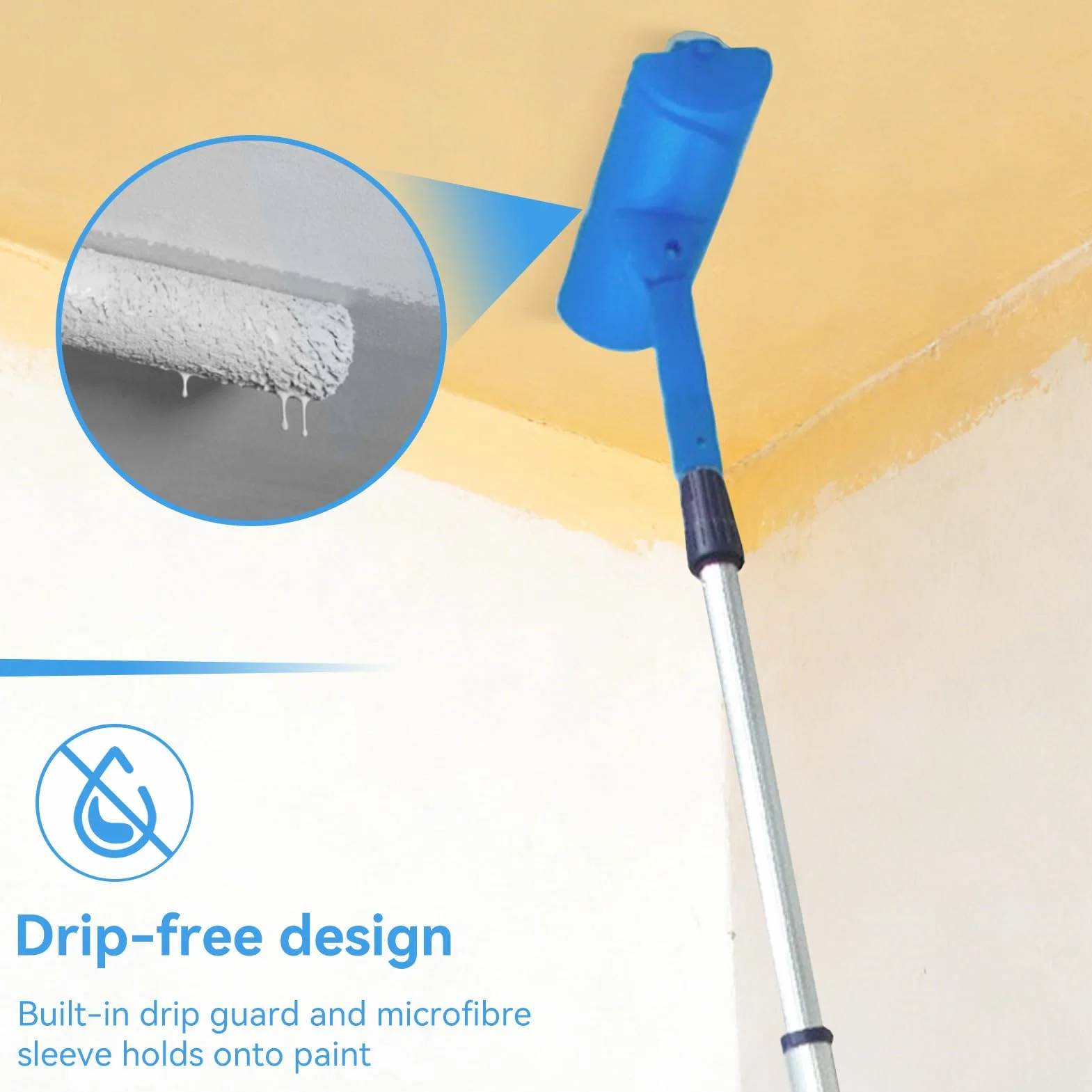 Rodillo de pintura de techo con protector de goteo, mango ajustable, cepillo reutilizable para pintura de ventana de jardín y garaje, herramienta eficiente y sin desorden