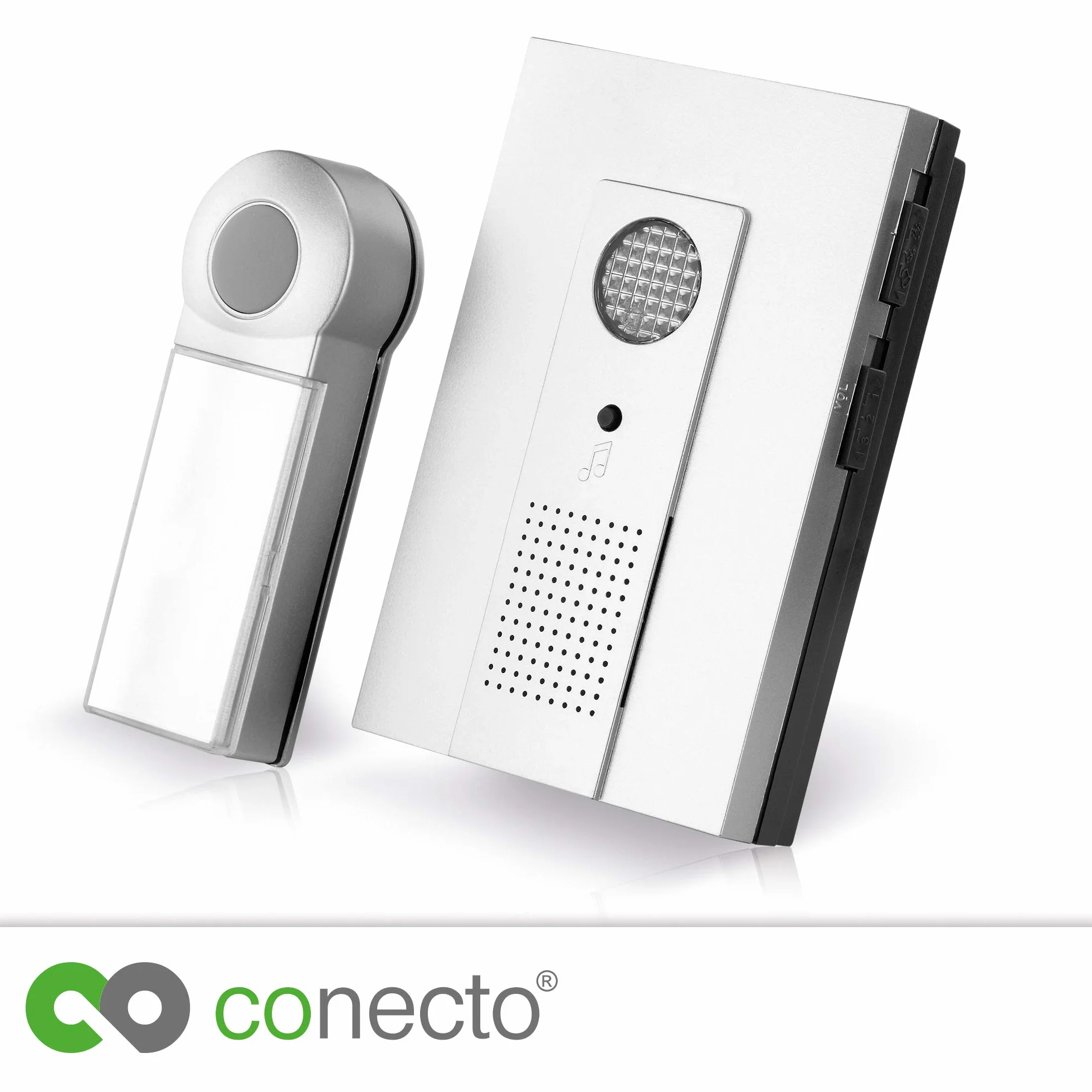 conecto Juego de Timbre inalámbrico, pulsador y Timbre, Alcance de 100 Metros, 16 Tonos de Llamada, inalámbrico, Funciona con Pilas, Plateado