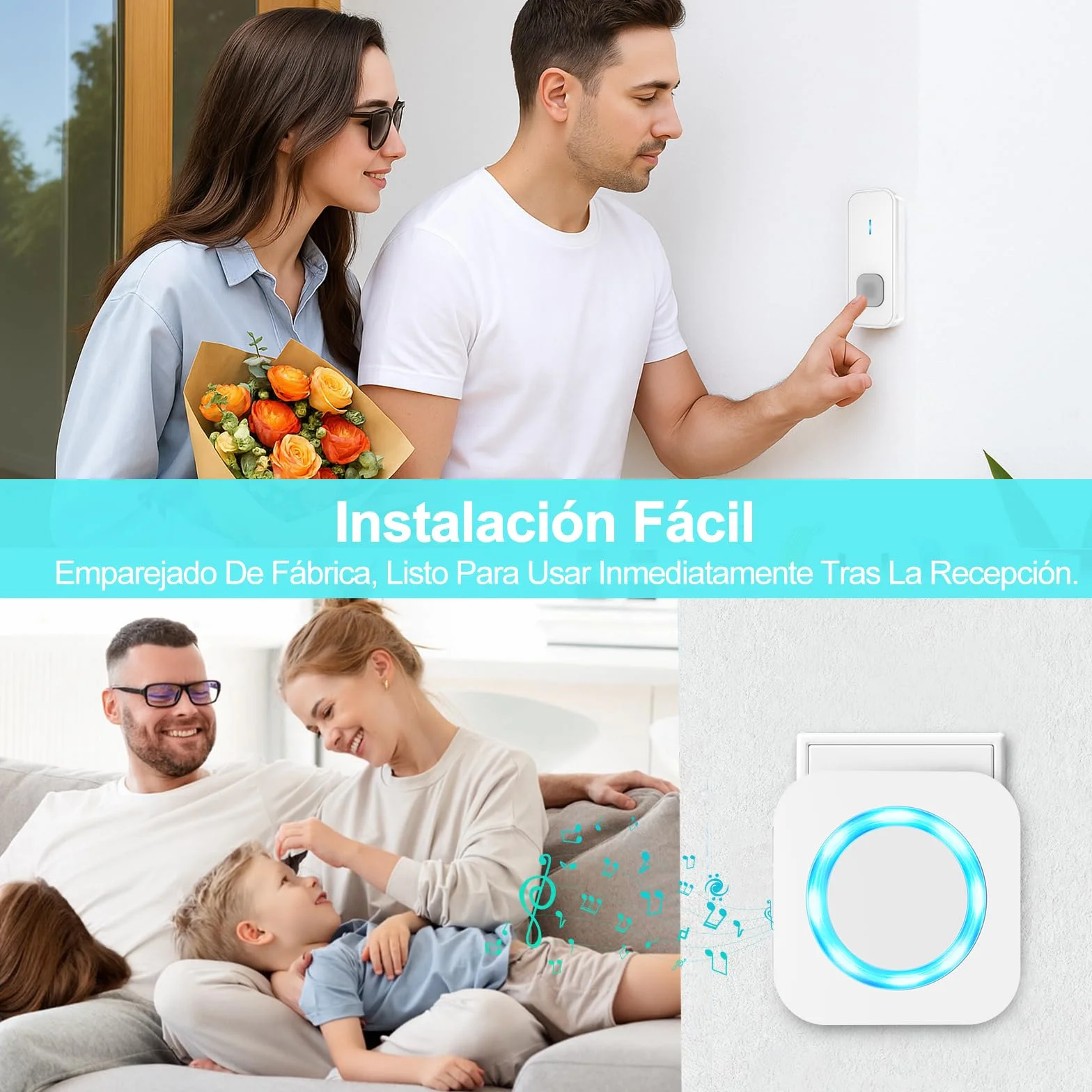 AIMAX Timbre Inalámbrico con 1 Emisor y 1 Receptor, Alcance de 400 m, IP55 Impermeable, 5 Niveles de Volumen / 55 Melodías, Apto para Interior y Exterior, Blanco