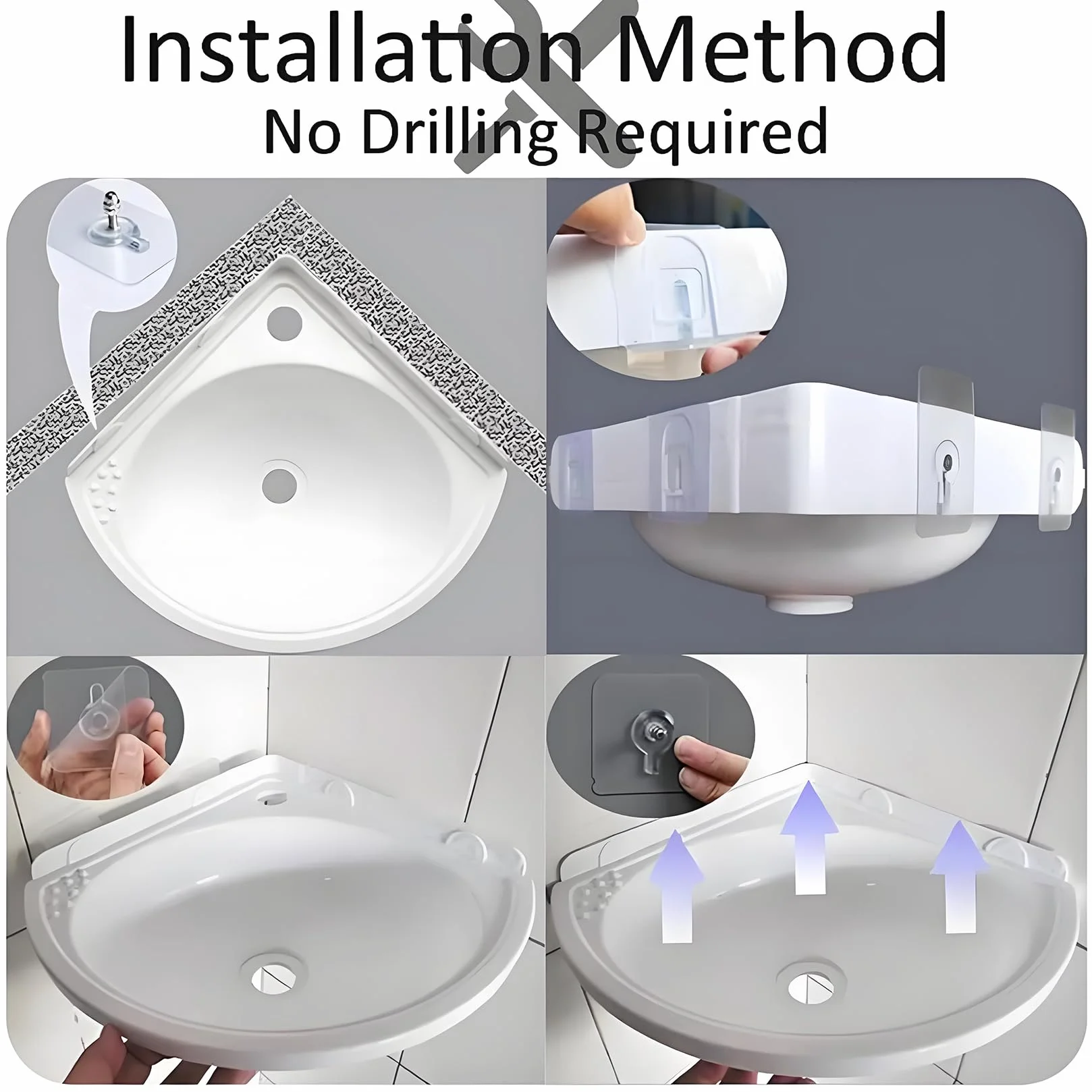 Lavabo Plástico Blanco De Montaje En Pared Sin Taladrar, Suspendido Con Grifo y Juego De Desagüe Para Cuarto De Baño y WC De Invitados