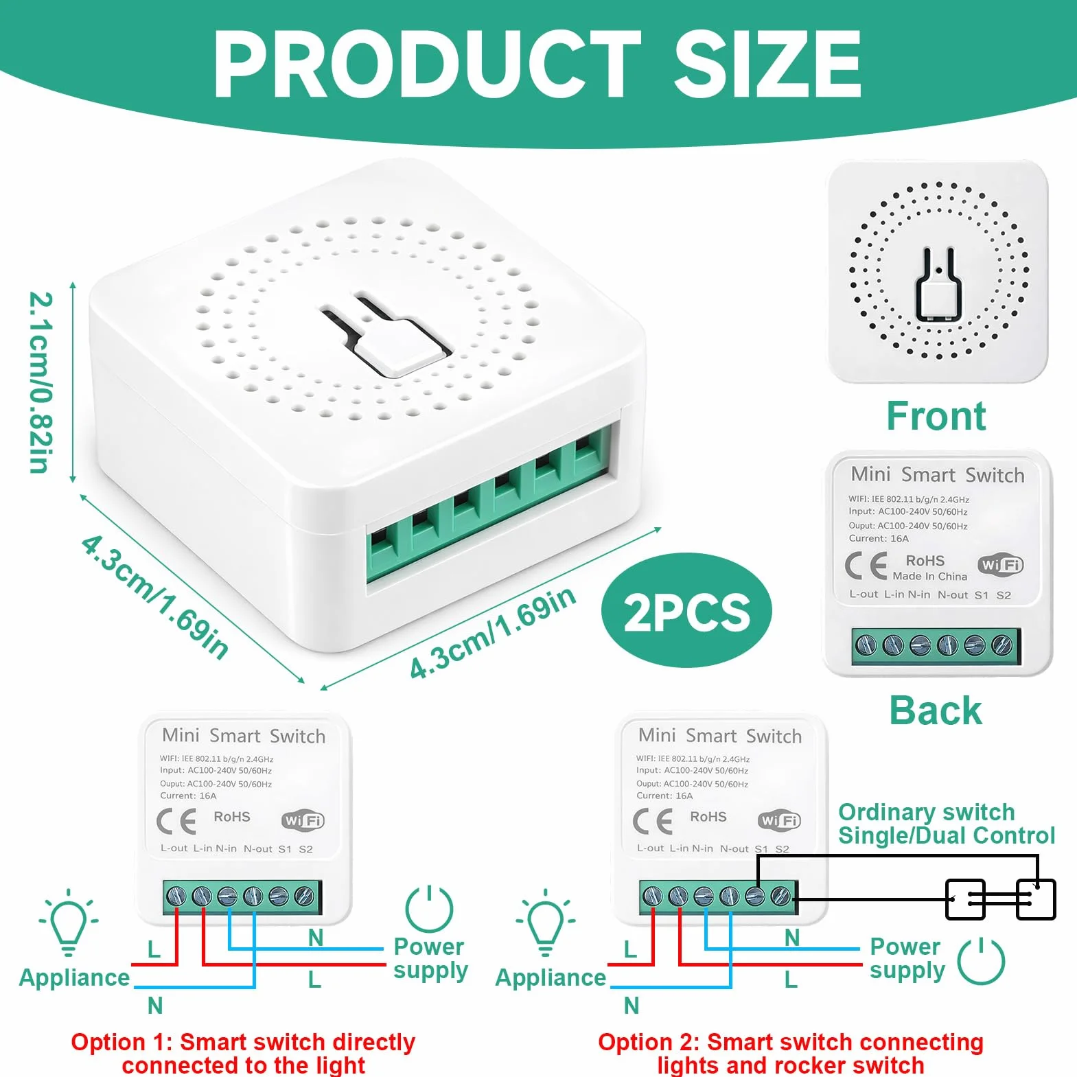 2pcs Interruptor Inteligente WiFi, Smart Switch WIFI Compatible con Alexa Tuya y Smart Life, Mini Interruptor WiFi DIY, Interruptore Inteligente 2.4GHz, Requiere Cable Neutro