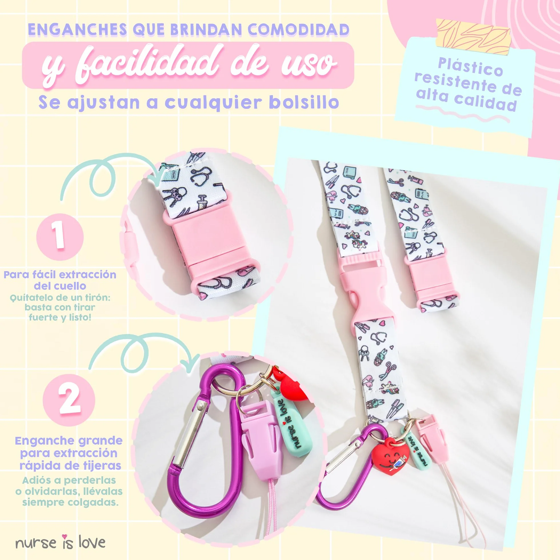 Personalized Nurse Lanyard with Clip and Carabiner for Keys, Scissors, ID Card Holder | Enfermera Accesorios