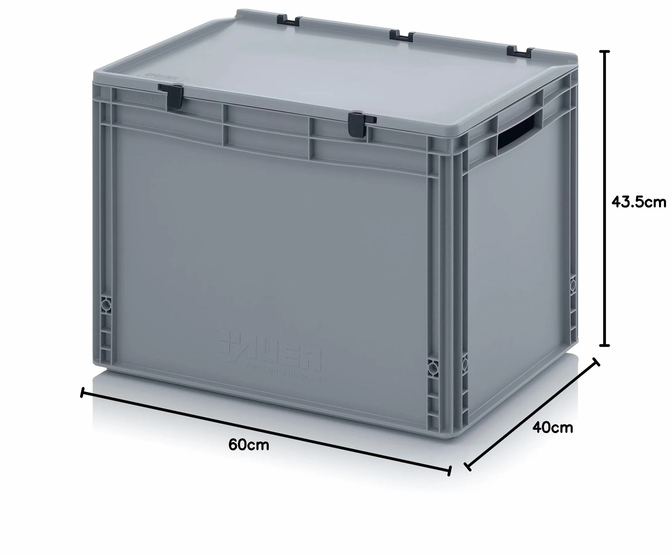 Auer Packaging Eurobox - Caja de transporte (60 x 40 x 43,5 cm, con asas abiertas y tapa con bisagras, incluye metro plegable), 60 x 40 x 43,5