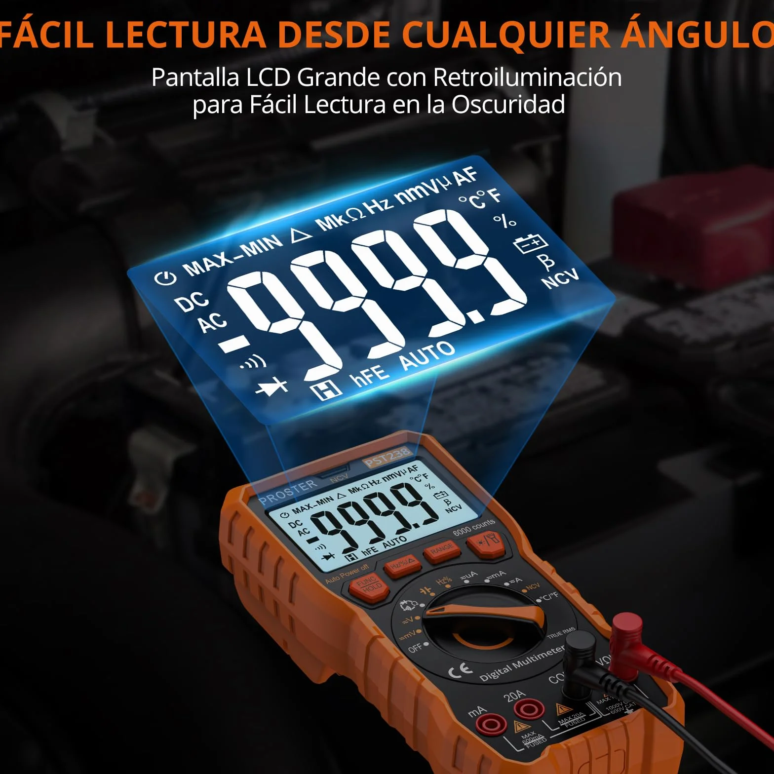 Proster Multímetro Digital 6000 Cuentas NCV TRMS Polímetro Profesional Rango Automático con Pinzas Cocodrilo para Prueba de Voltaje Corriente DC/AC Resistencia Capacitancia Continuidad Temperatura