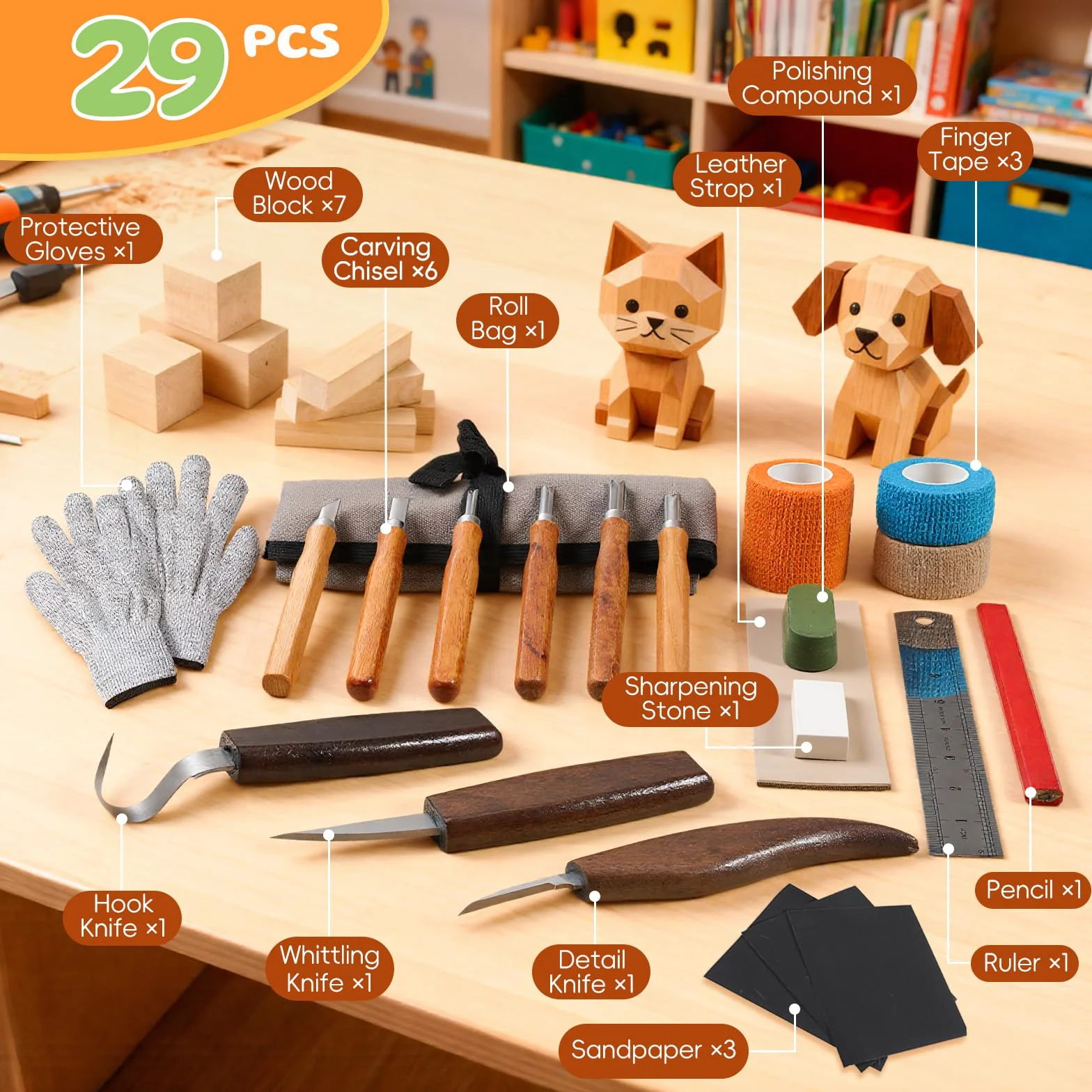 Housolution Kit de Tallado en Madera con Bolsa de Transporte, 29PCS Herramientas de Carpintería para Principiantes y Aficionados