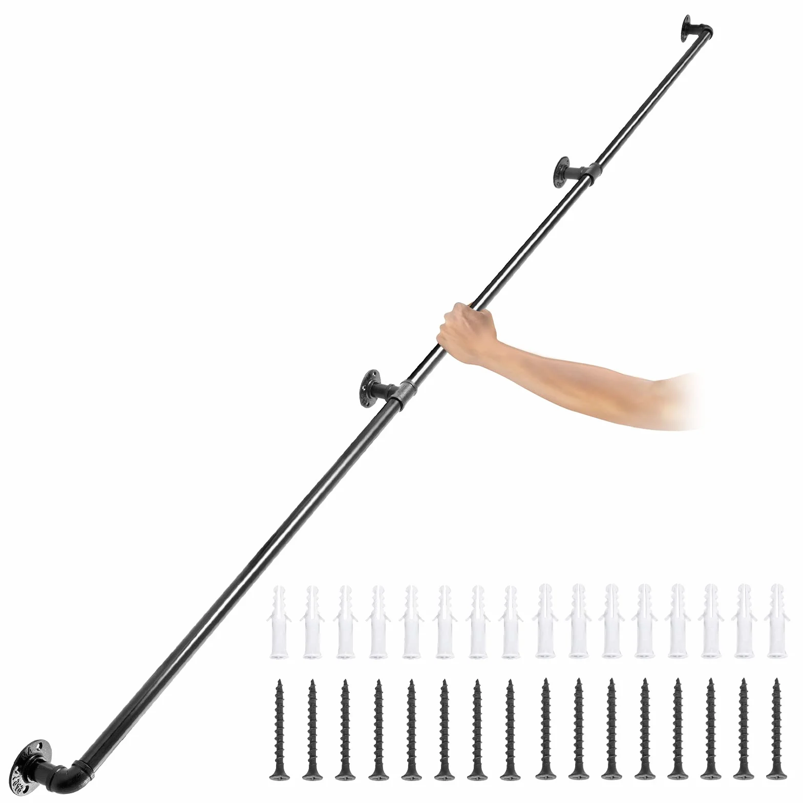 VEVOR Pasamanos Escalera 270 cm Pasamanos de Pared Acero al Carbono Acabado Mate Carga 200 kg Pasamanos Estilo Industrial Ø32 mm Pasamanos Montaje en Pared Kit Completo Negro para Interior y Exterior