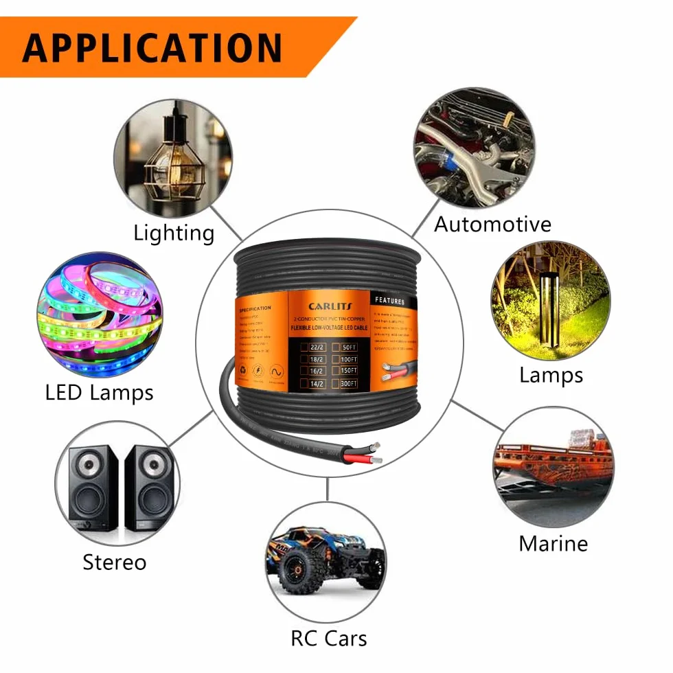 Cable eléctrico de calibre 18, 2 conductores, cable trenzado negro de bajo voltaje 18/2 de 100 pies, funda de PVC, cable de alimentación de extensión flexible para lámpara LED, automoción